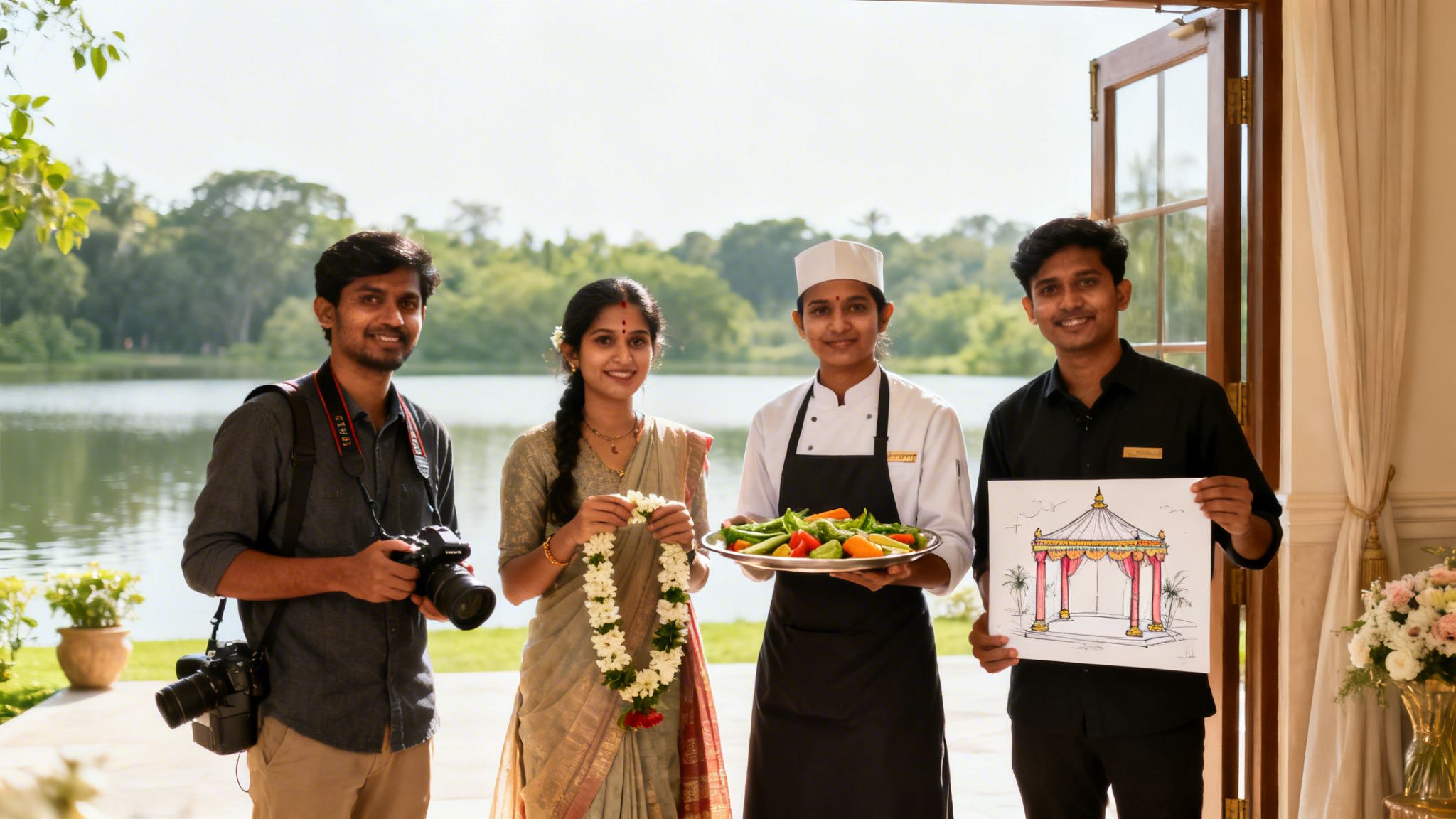 A team of four event professionals, including a photographer, a chef, and an event planner, smiling by a lake.