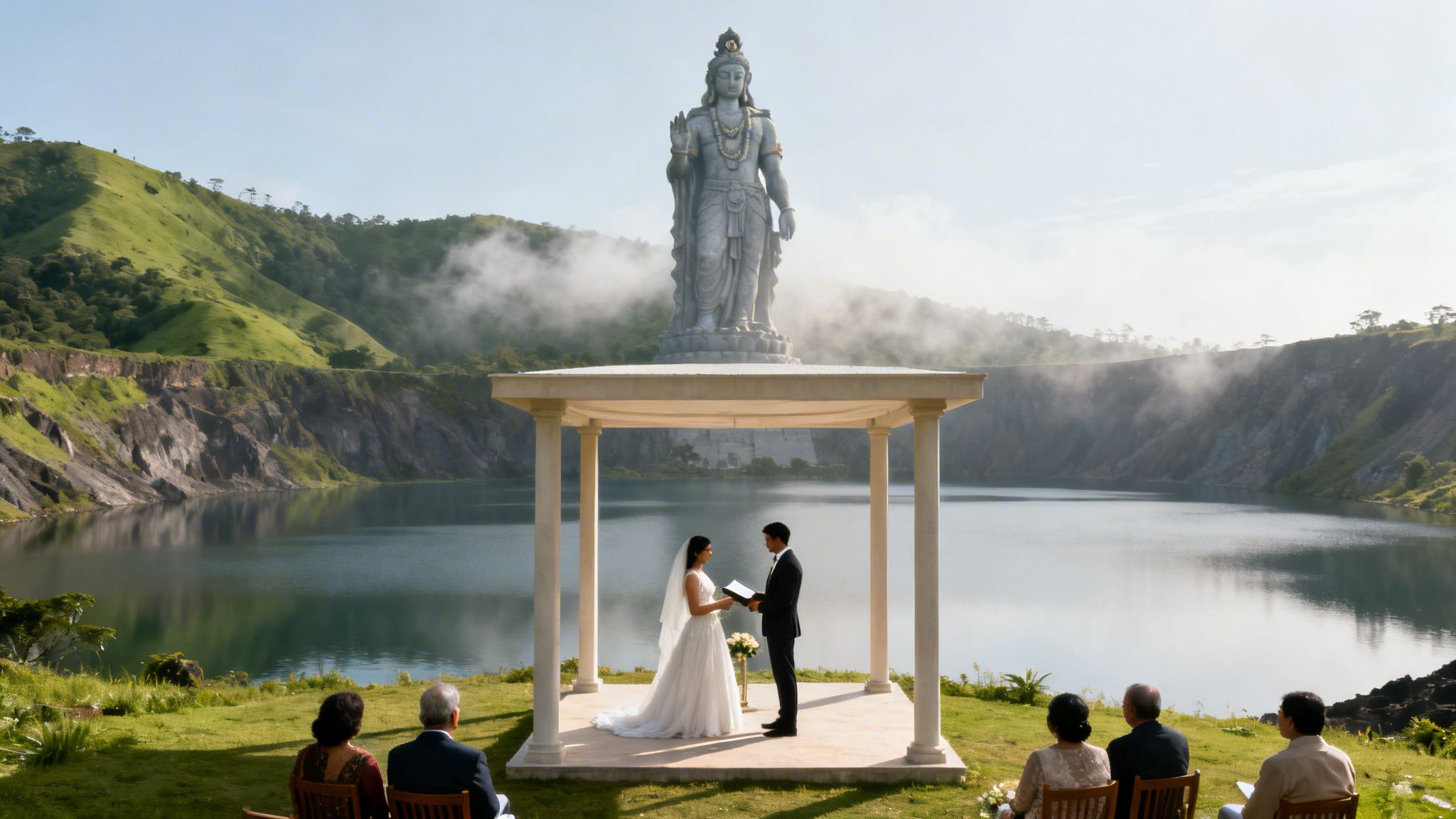 A wedding ceremony by a tranquil lake with a large statue and scenic green hills.