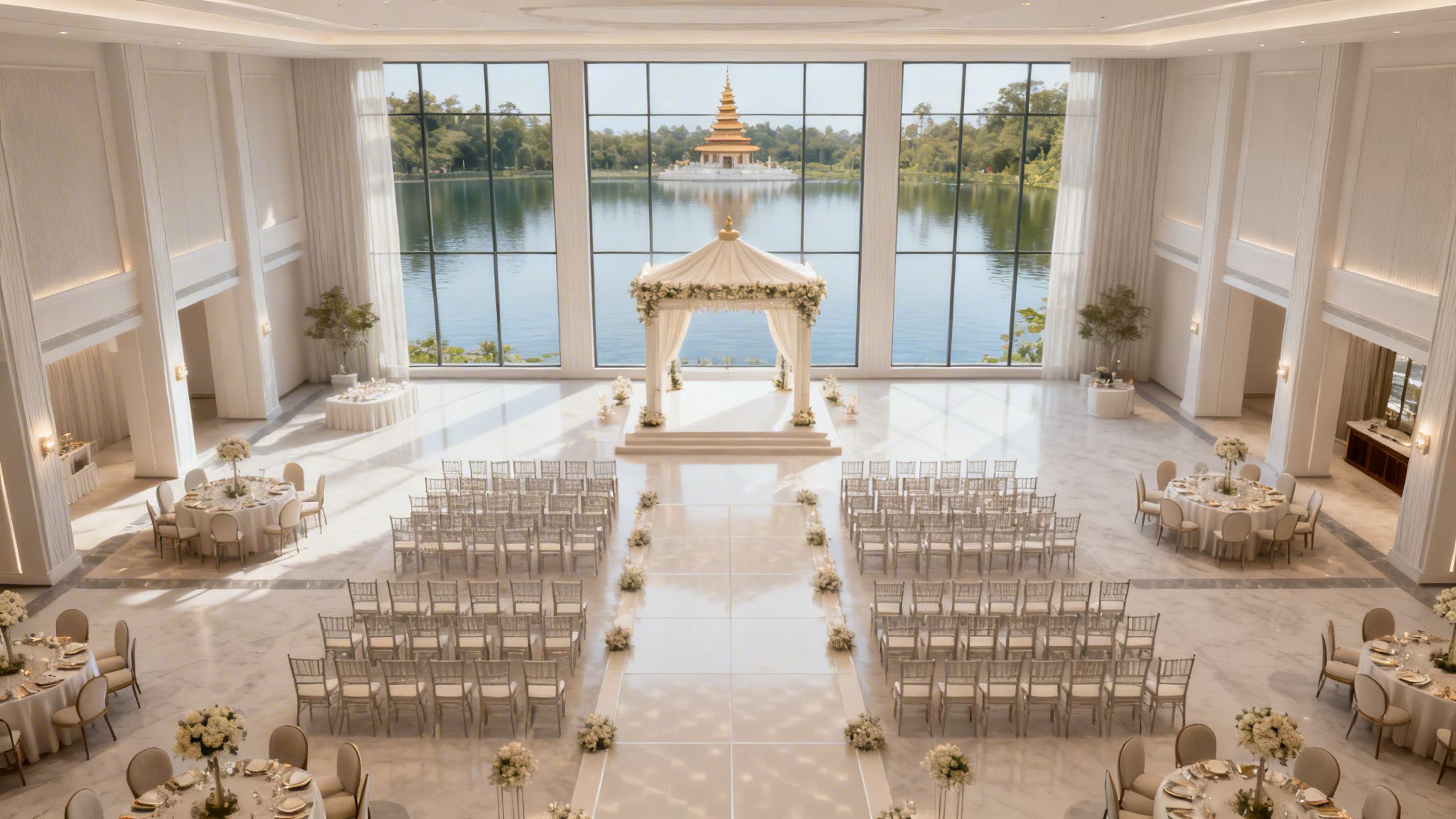 An elegant wedding hall overlooks a scenic lake with a traditional pagoda, featuring ceremony seating and dining tables.