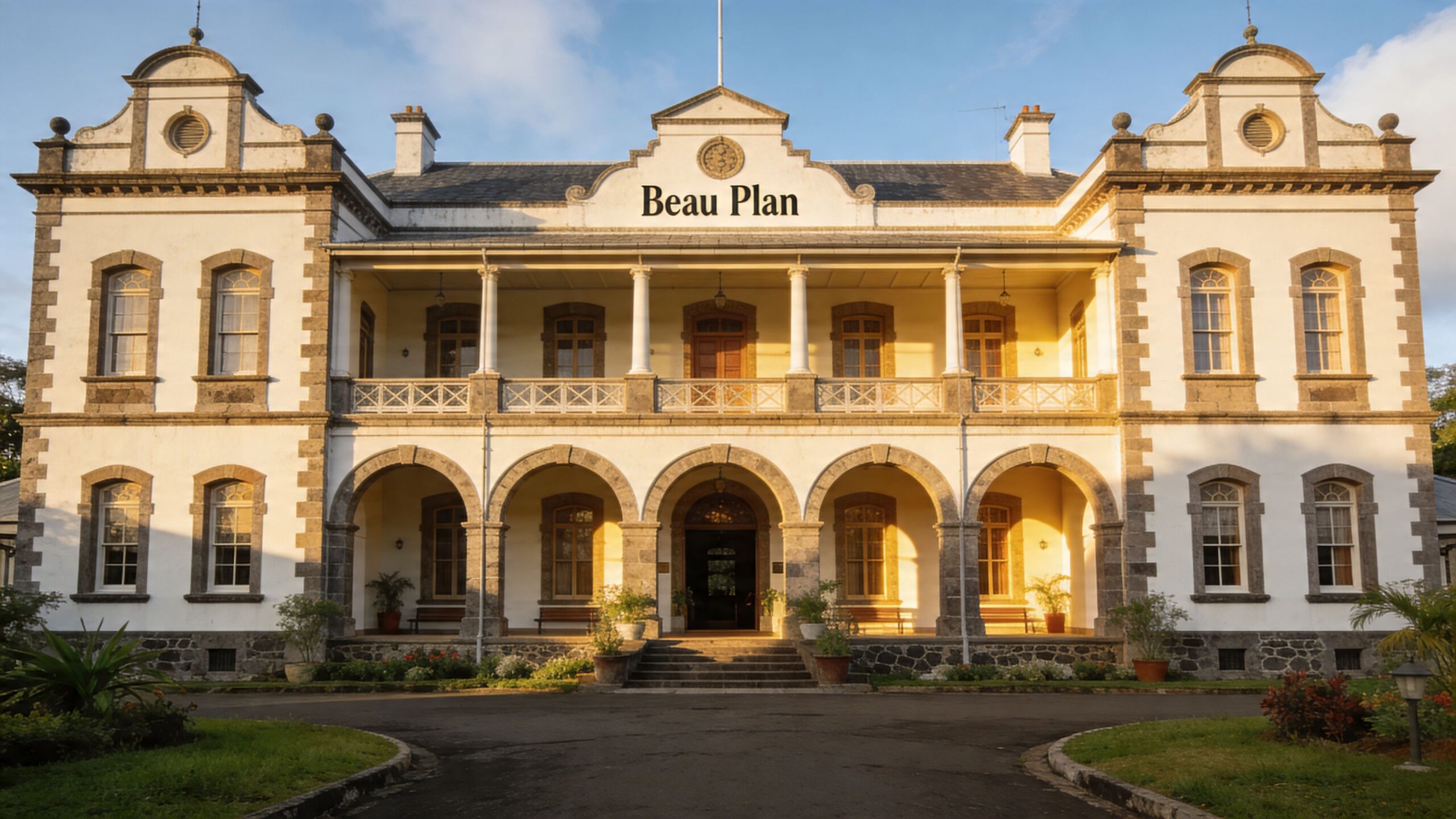 The historic Beau Plan sugar mill mansion with white walls and colonial architecture in Mauritius.