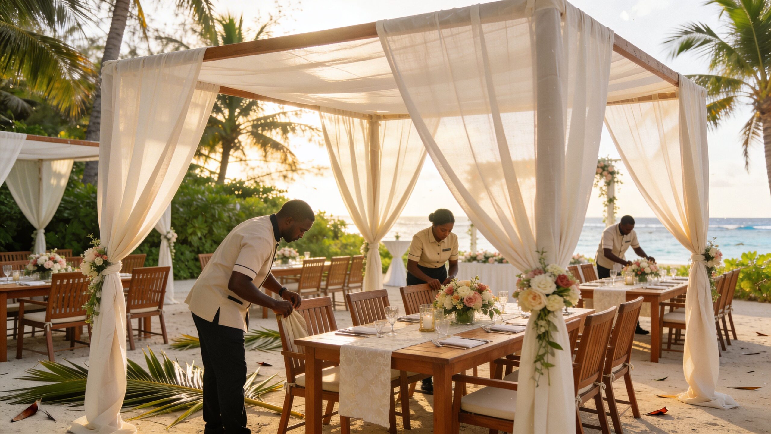 Staff members setting up tables for a beachside dinner event under a draped canopy at sunset.