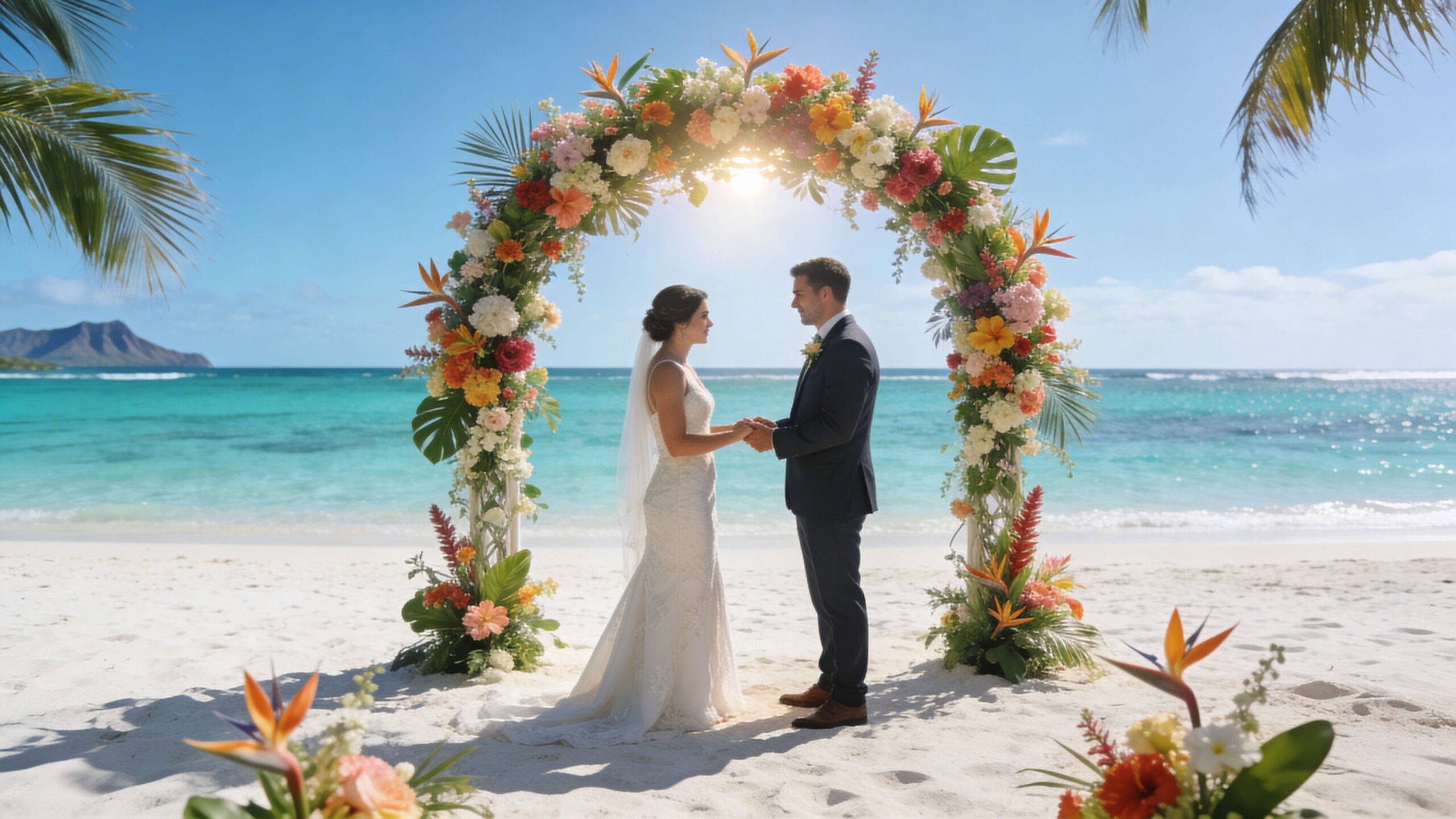 A bride and groom standing under a colorful floral wedding arch on a sunny tropical beach.