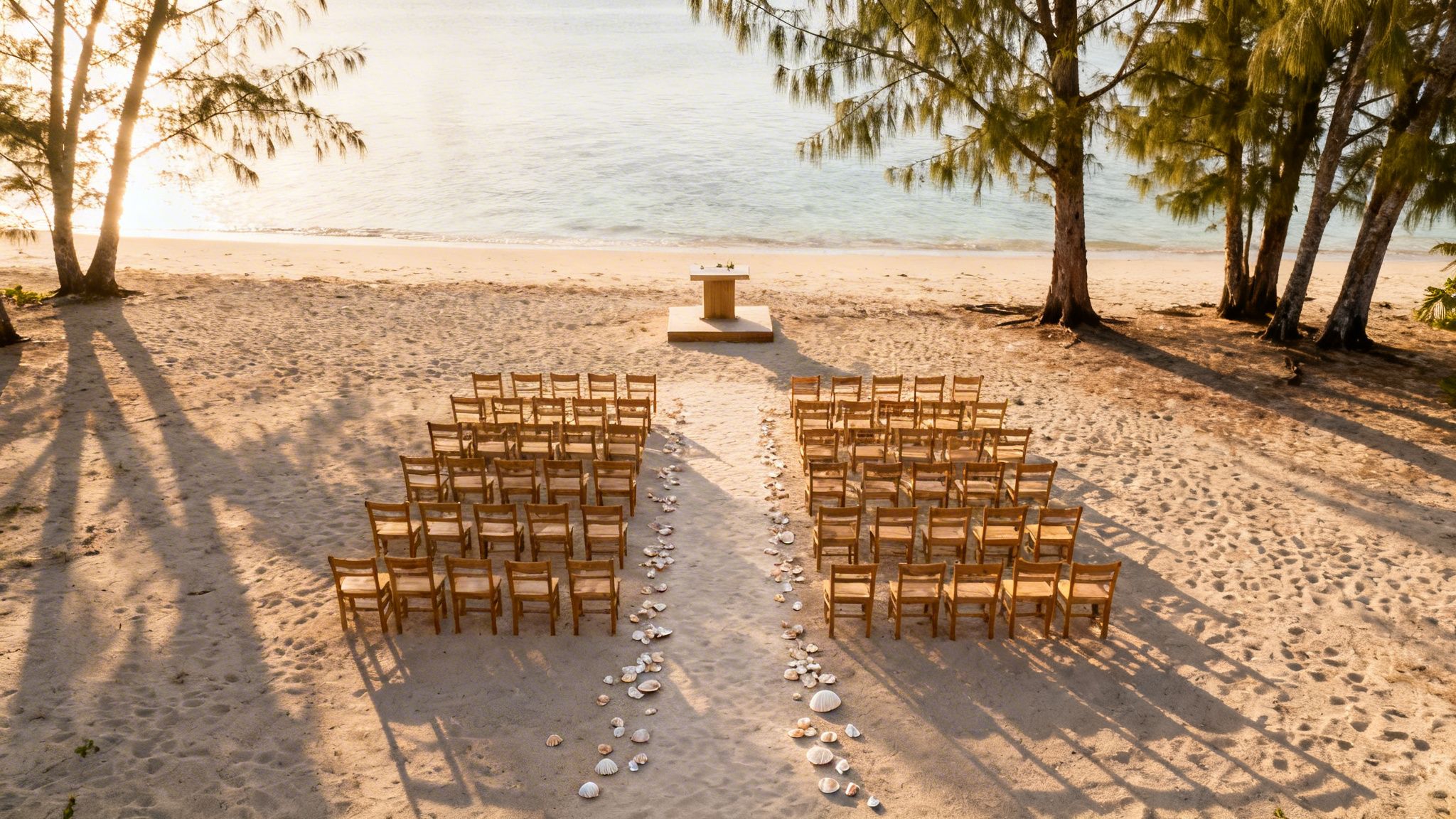 An aerial view of a serene beach wedding setup with wooden chairs and an altar at sunset.