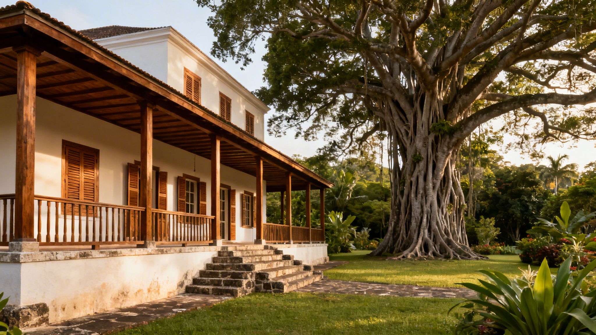 Historic white house with a wide wooden porch and a magnificent ancient banyan tree in a tropical garden.