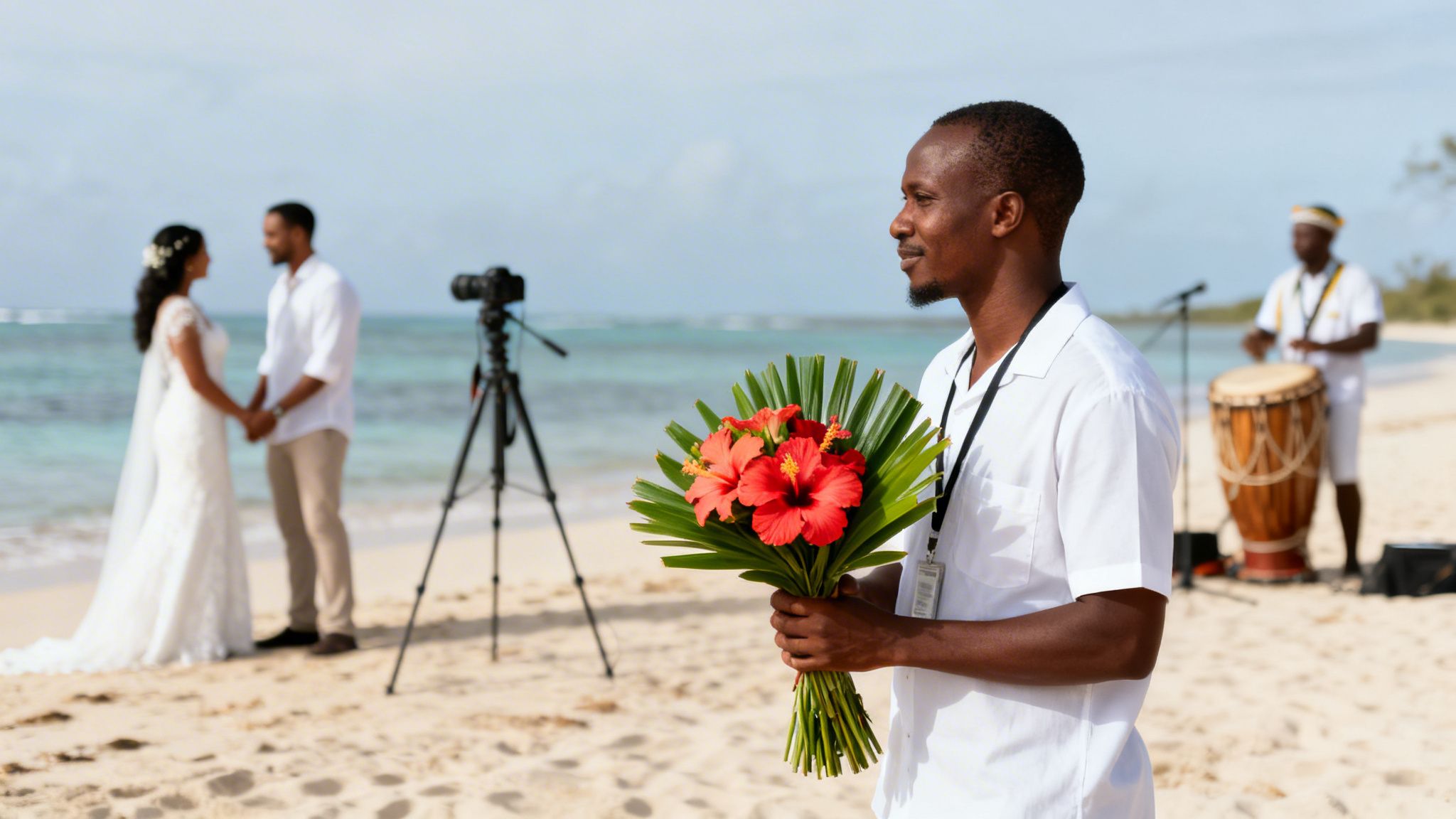 Black man holding a vibrant hibiscus bouquet at a beach wedding ceremony.