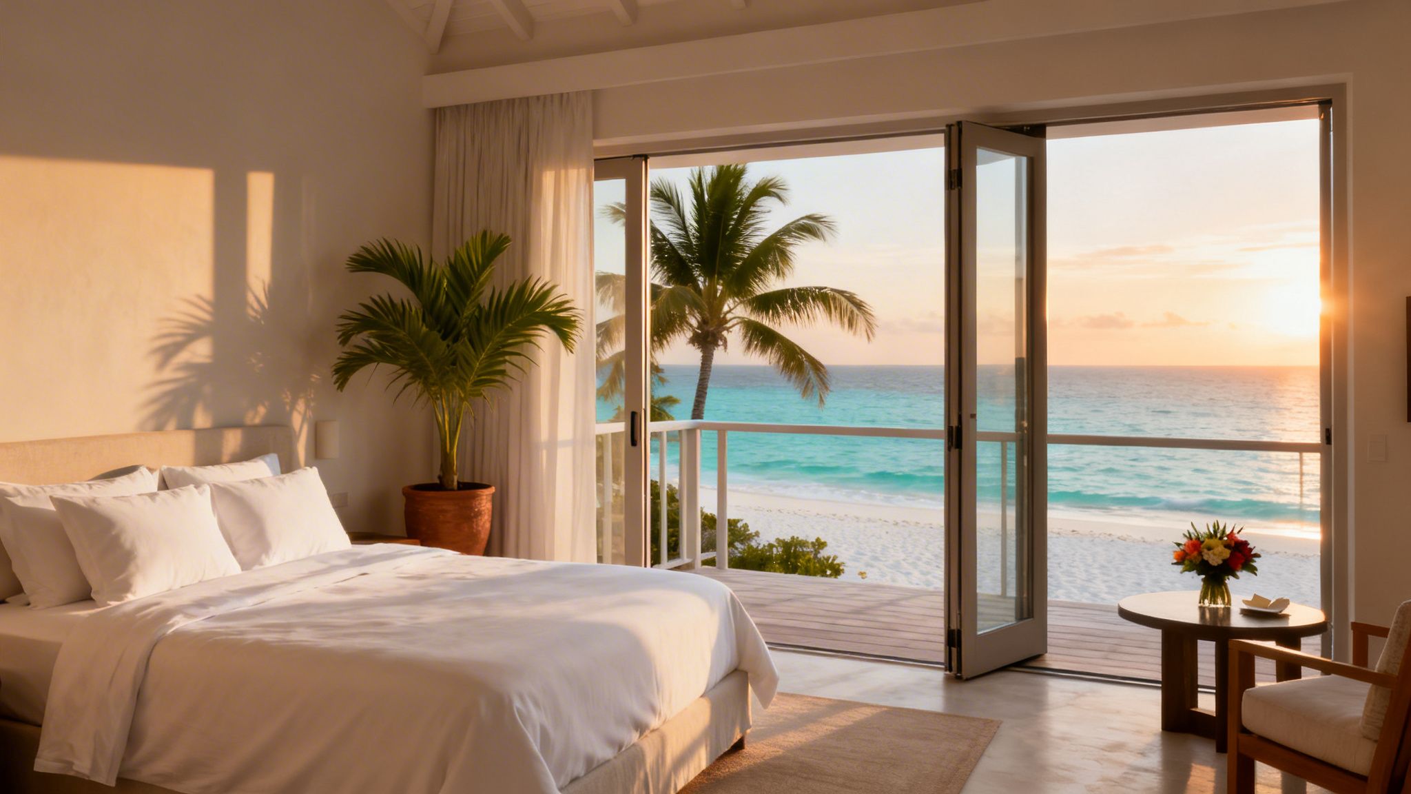 Luxurious bedroom with a large bed, houseplant, and open doors revealing a stunning beach, ocean, and sunset view.