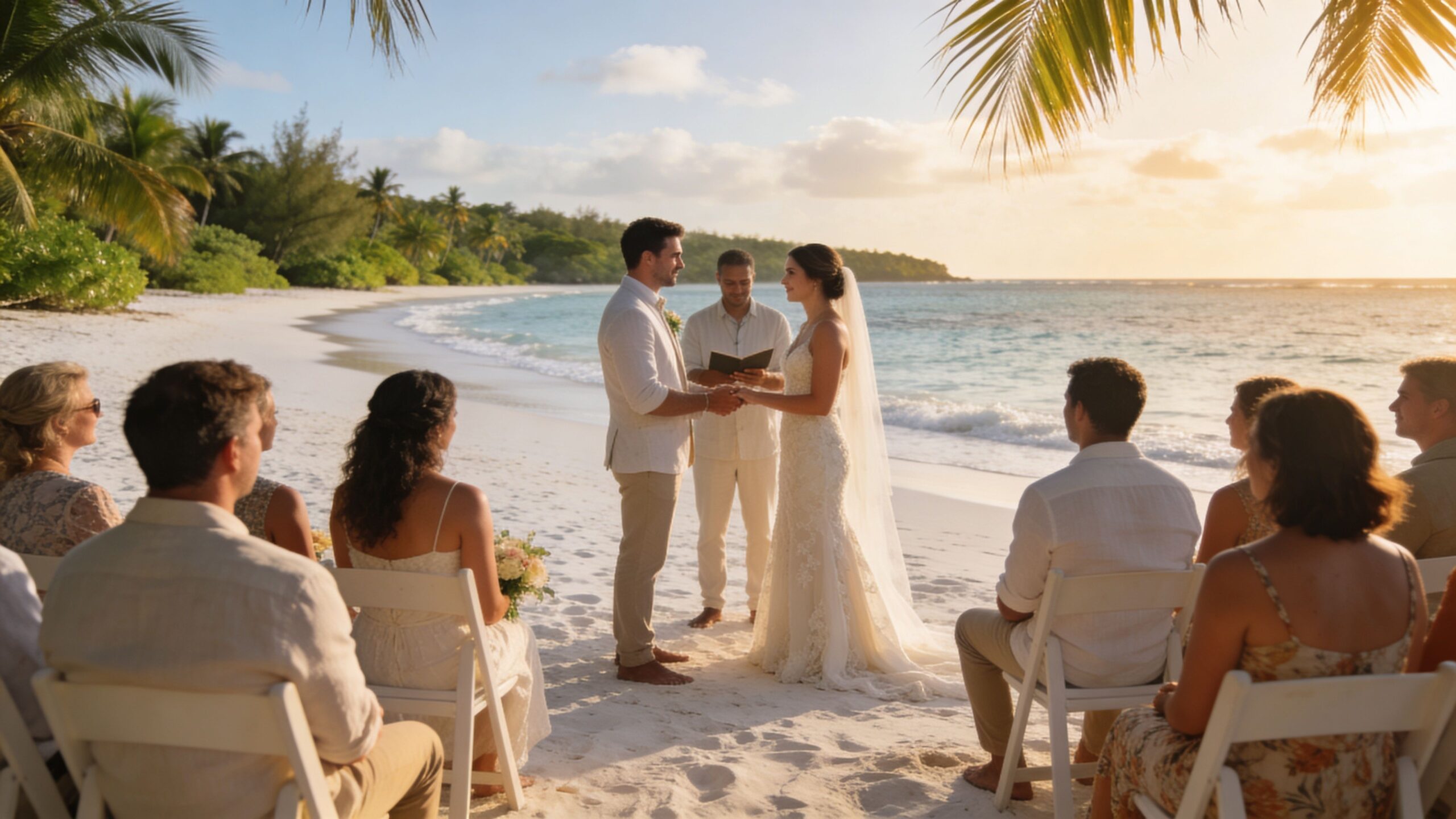 A bride and groom exchange wedding vows on a white sandy beach during a beautiful sunset ceremony.
