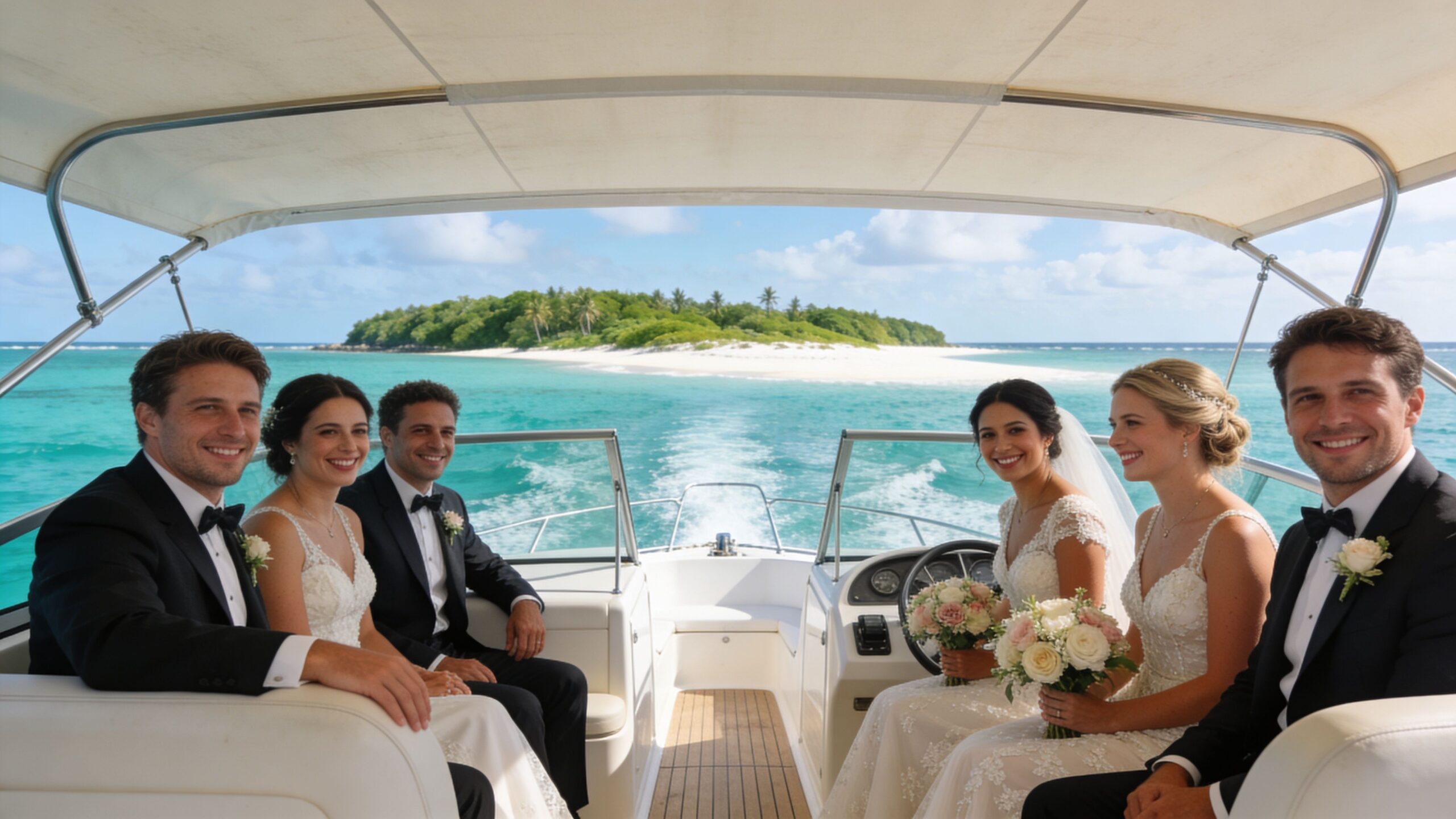 A wedding party in formal attire sitting on a boat with a tropical island in the background.