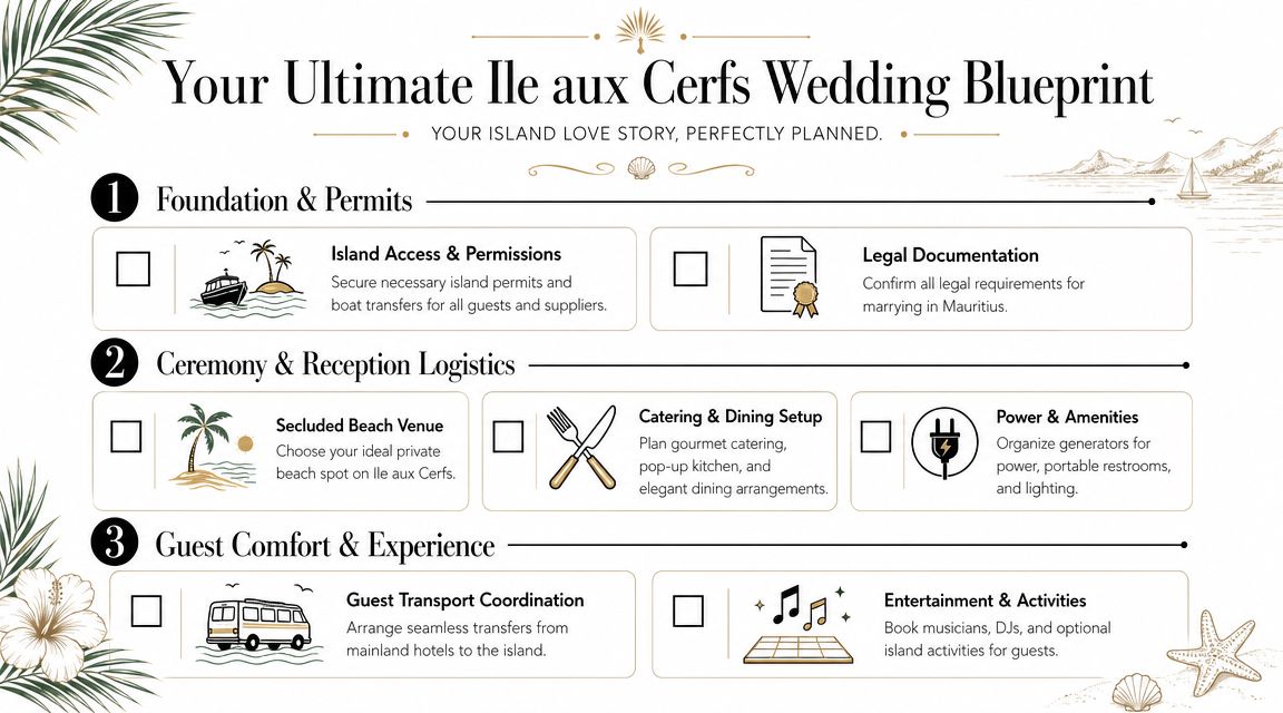 A wedding planning checklist for a destination ceremony on the beautiful island of Ile aux Cerfs.