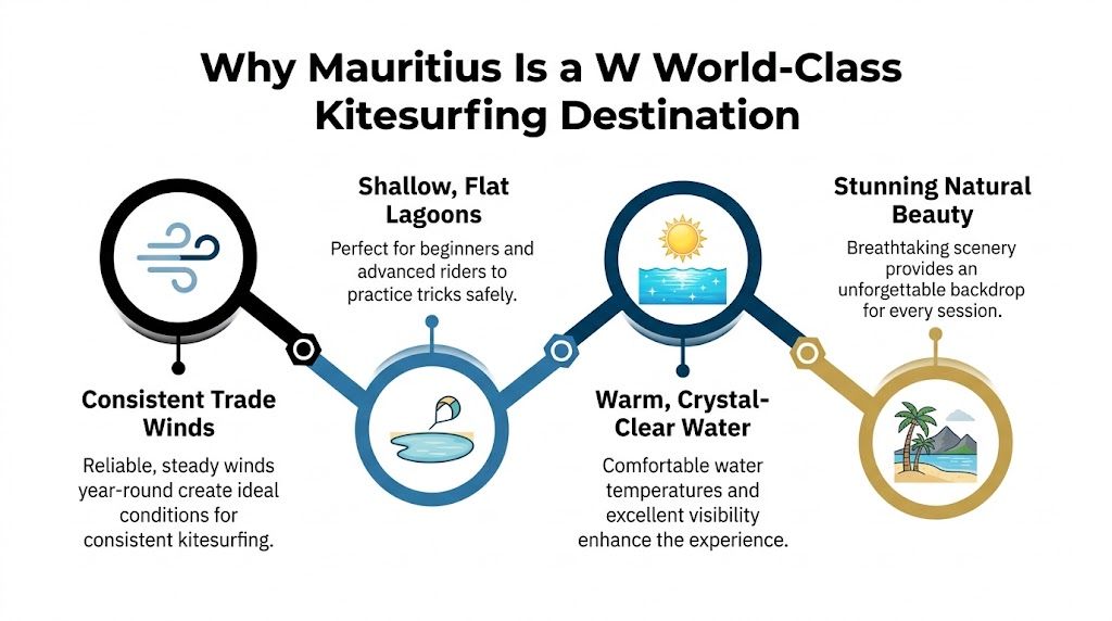 An infographic detailing four main reasons why Mauritius is a top global destination for kitesurfing enthusiasts.