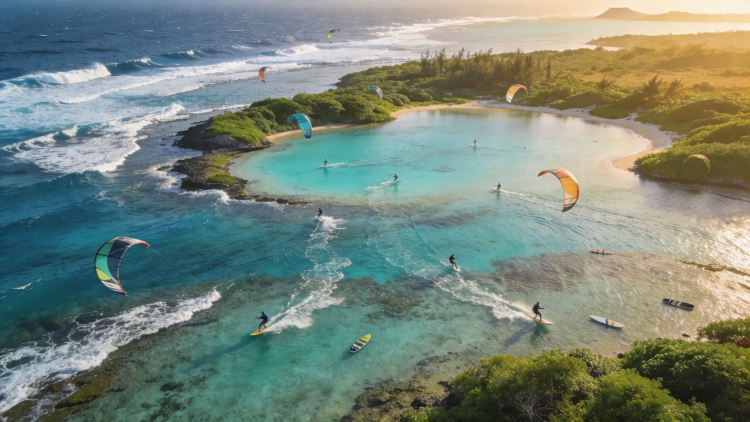 Aerial view of multiple people kitesurfing in a beautiful turquoise lagoon on a sunny day in Mauritius.