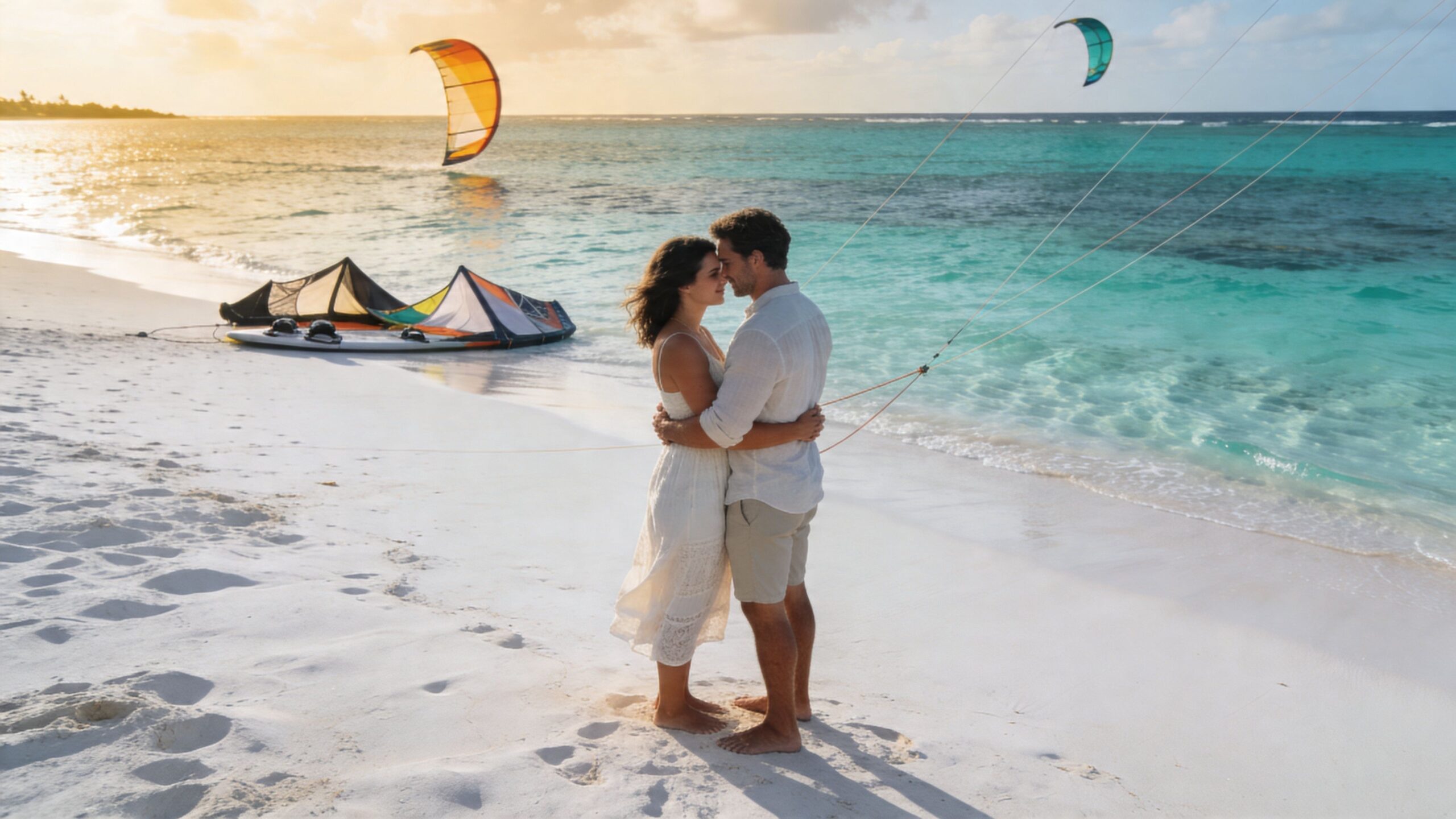 A romantic couple embraces on a pristine white sandy beach in Mauritius with kitesurfing gear nearby.