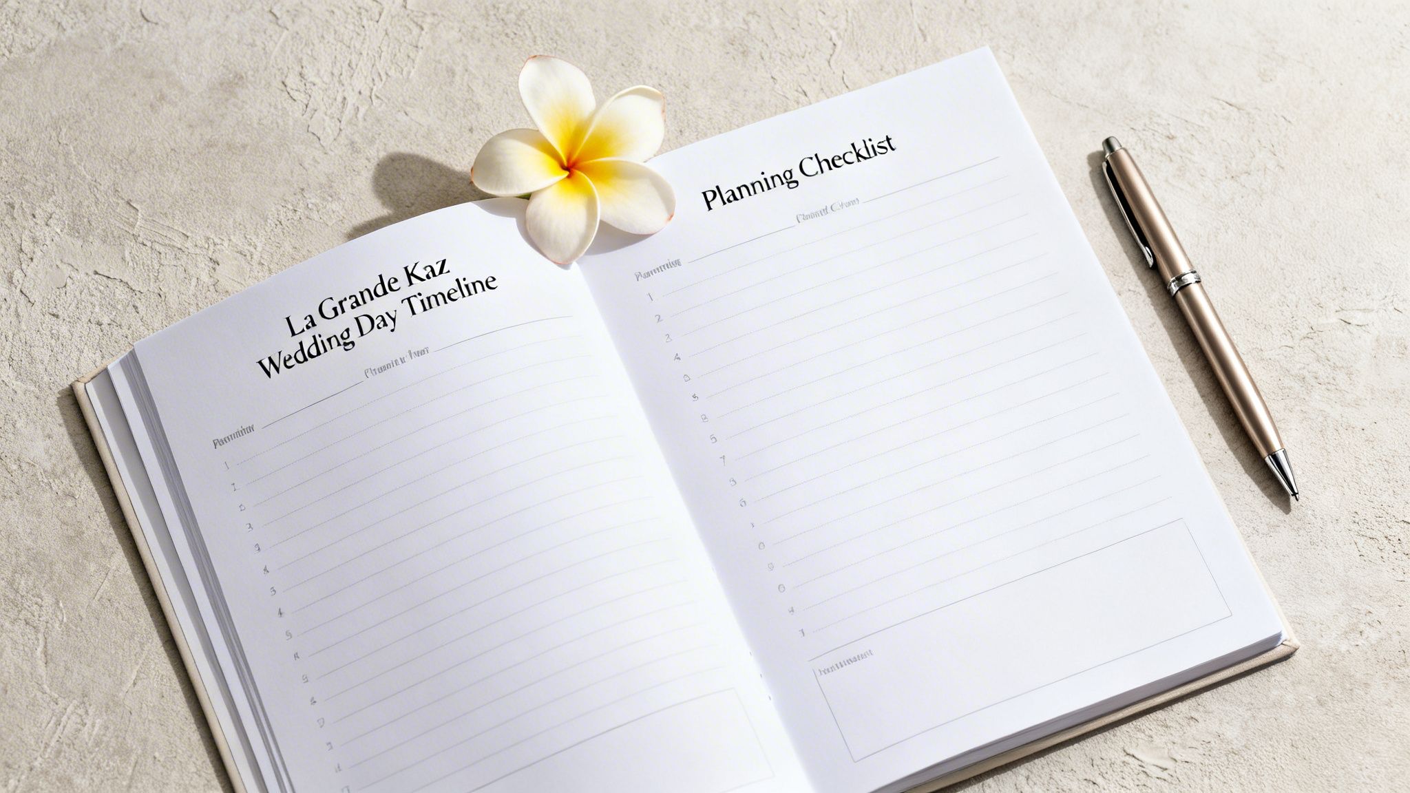 An open wedding planner notebook featuring a timeline and checklist, with a flower and pen.