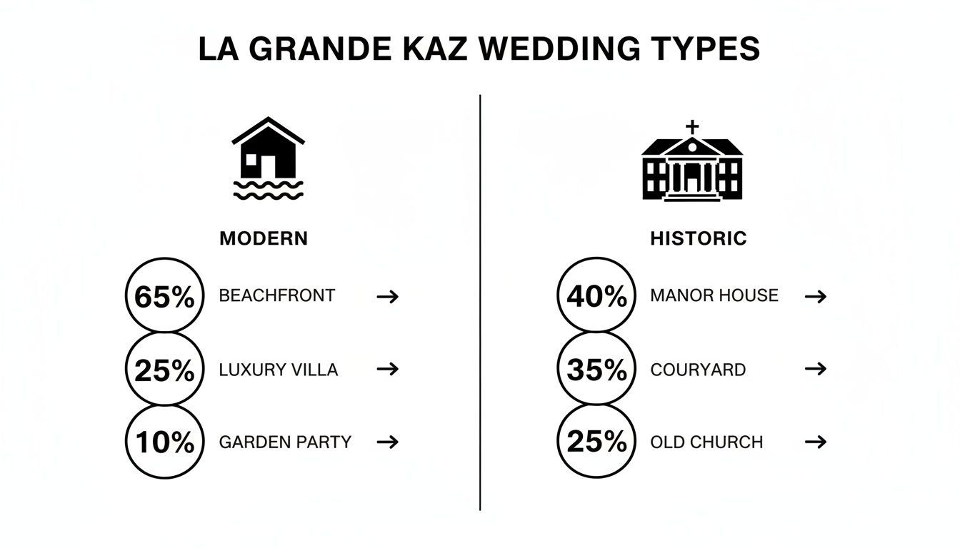 Infographic displaying La Grande Kaz wedding types, categorized as modern and historic, with percentage breakdowns.