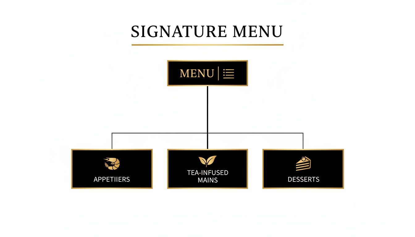 A signature menu hierarchy displaying appetizers, tea-infused mains, and desserts with icons.