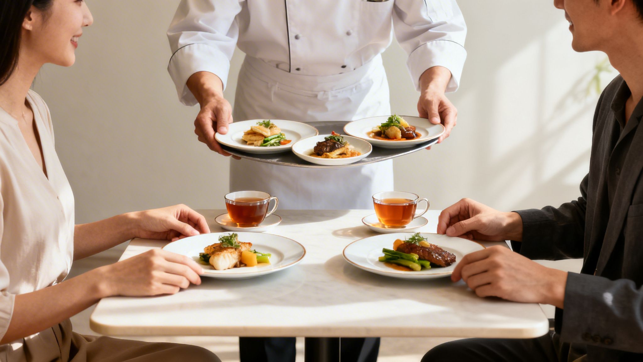 A chef serves an array of beautifully plated dishes to a smiling couple at a restaurant.