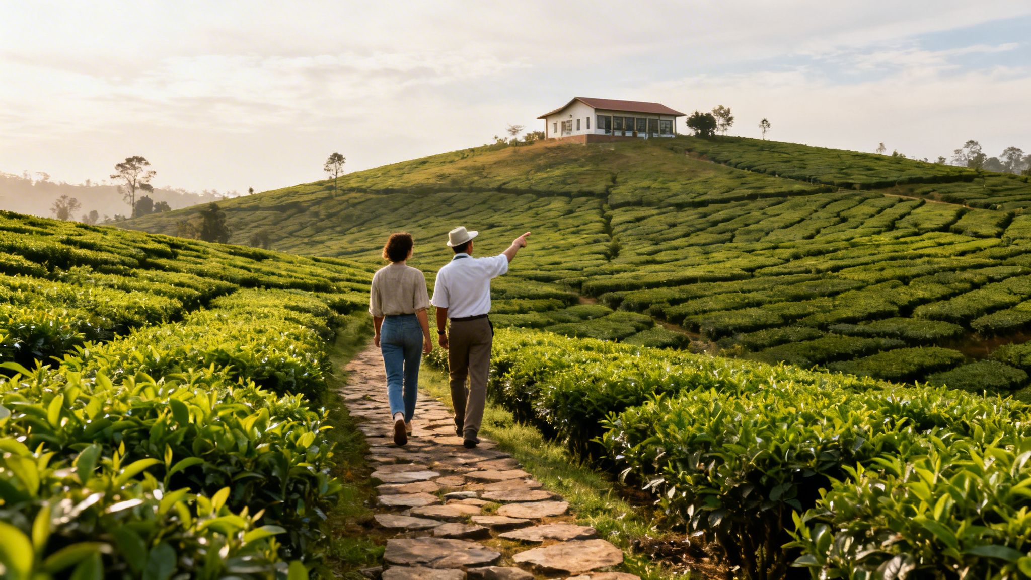 A couple walks on a stone path through a vibrant green tea plantation towards a distant house.