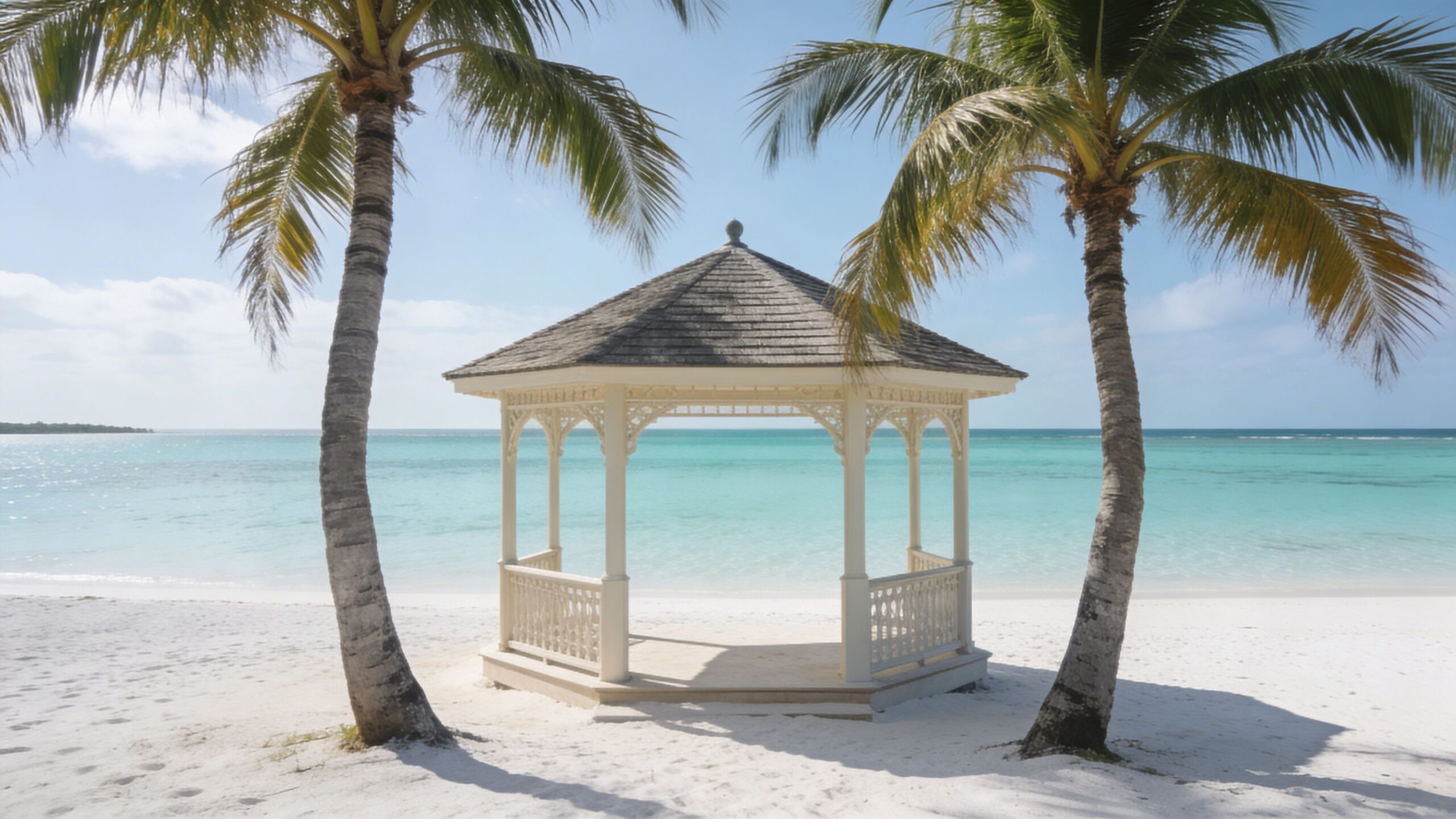 A scenic white gazebo stands on a pristine tropical sandy beach surrounded by tall palm trees.