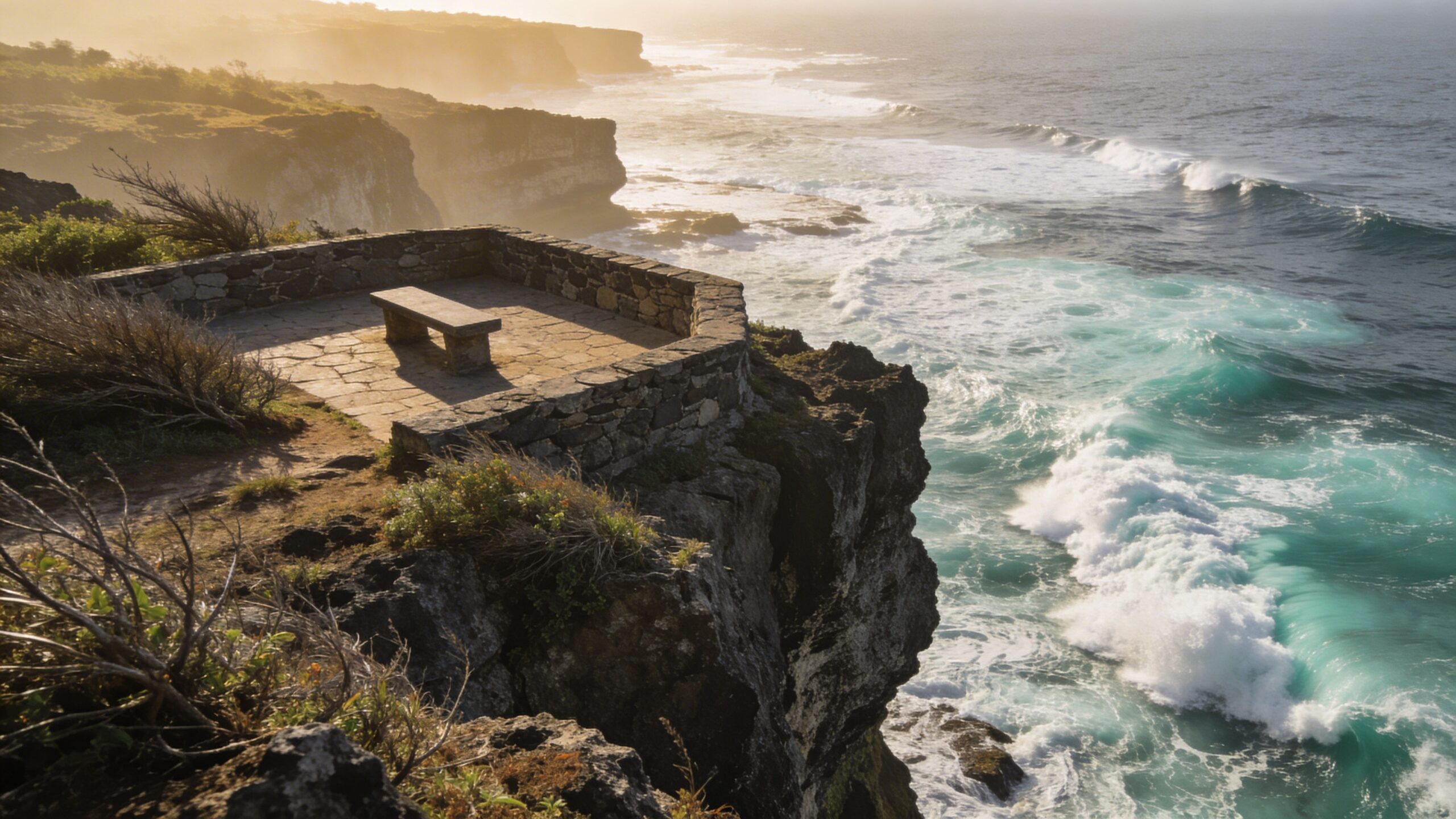 A scenic stone overlook with a bench on a cliff edge overlooking the turquoise Indian Ocean.