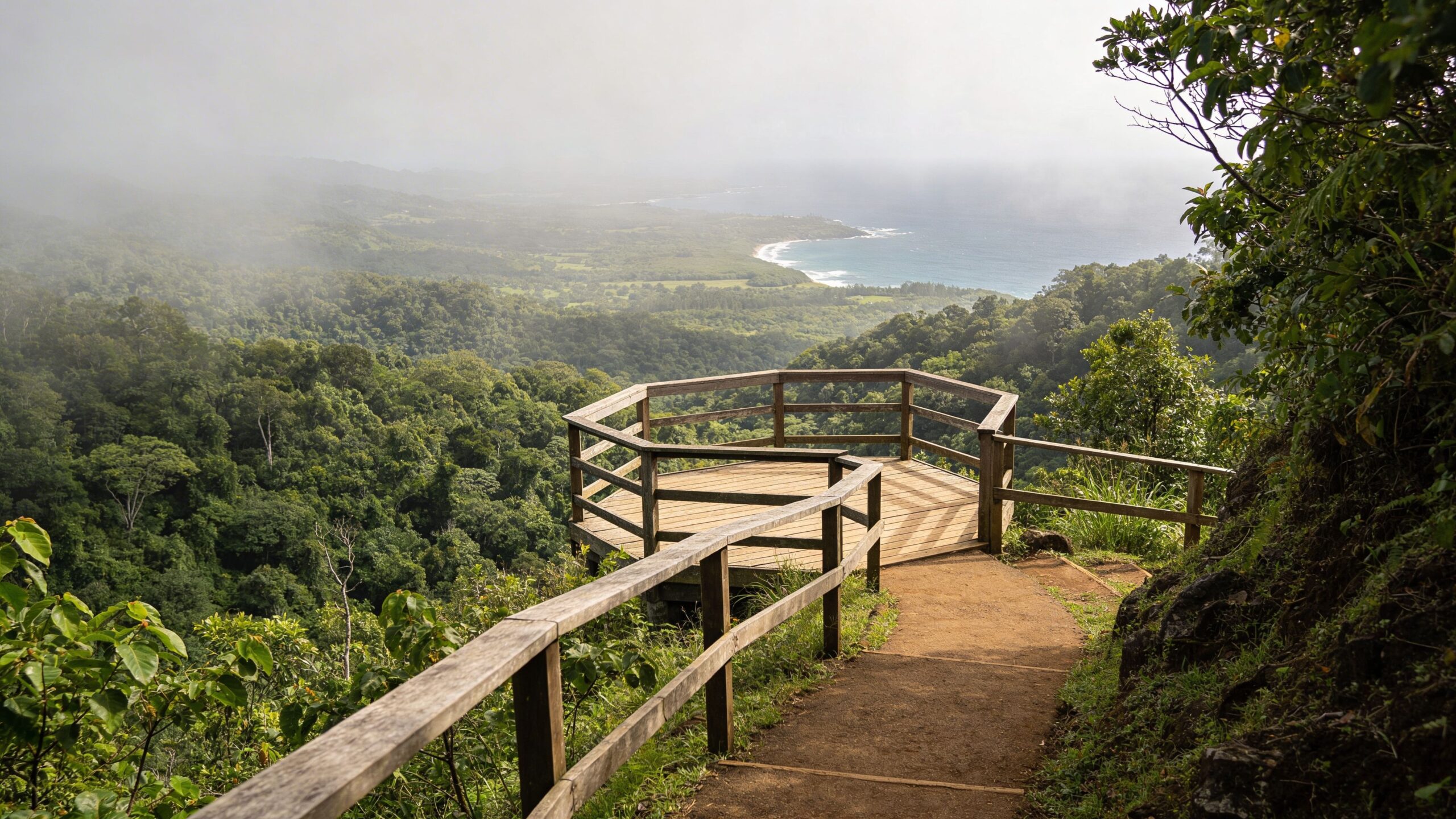 A wooden observation deck overlooking a lush green forest landscape and the distant coastline in Mauritius.