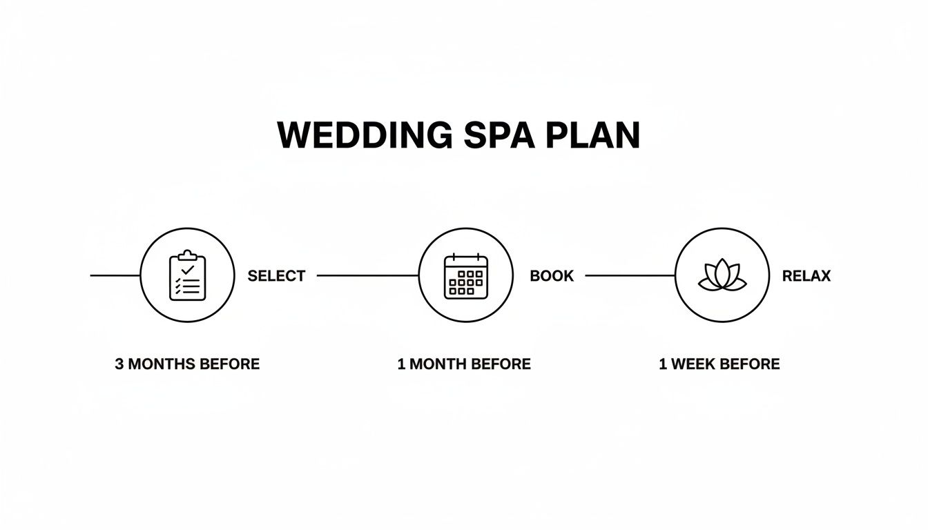 Wedding spa plan timeline infographic detailing selection, booking, and relaxation stages before the event.