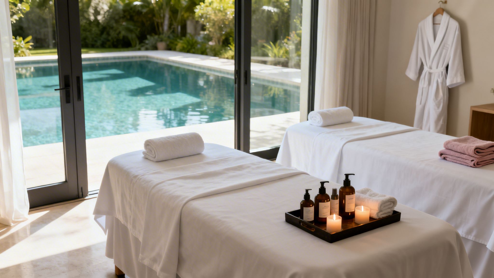 Two luxurious massage tables with spa products and candles, overlooking a serene outdoor pool.