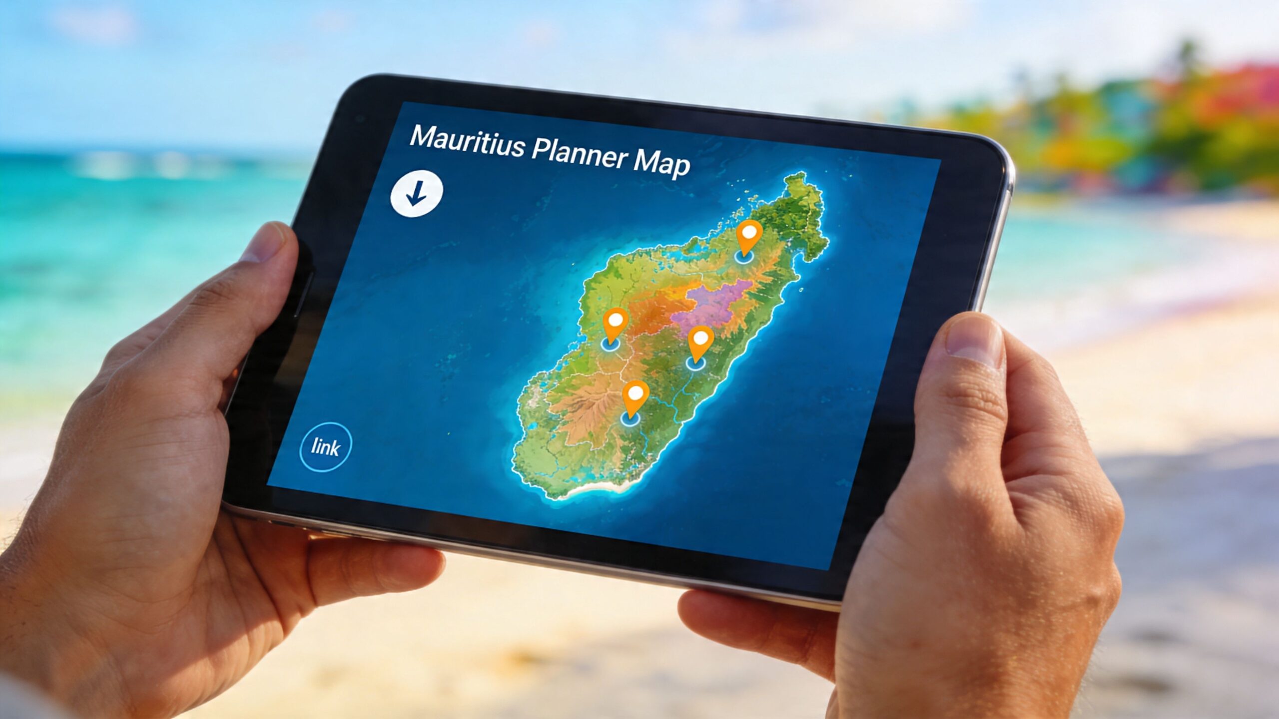 A person holding a tablet at the beach displaying an interactive travel map of Mauritius island.