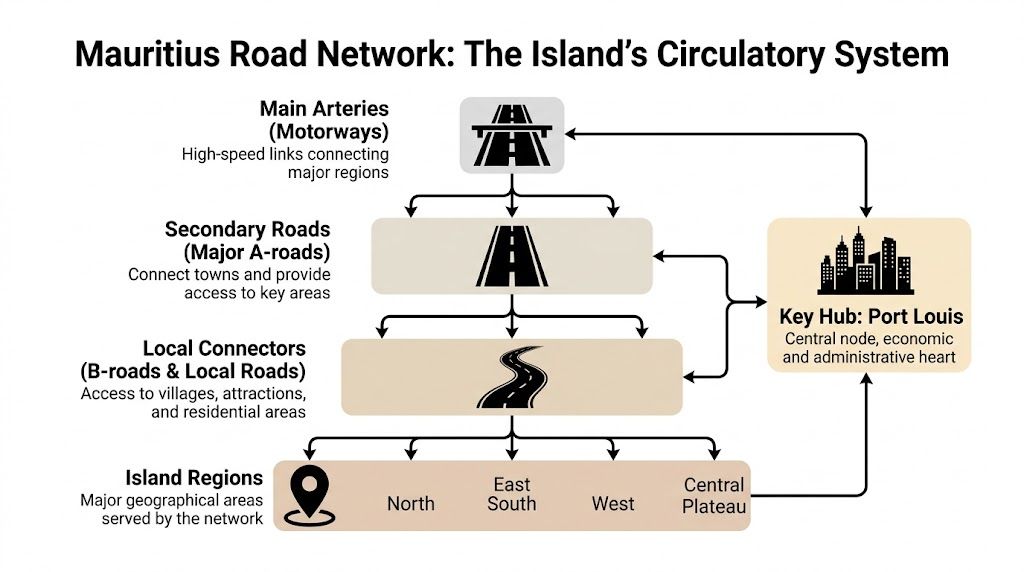 A diagram illustrating the hierarchical structure of the Mauritius road network with its key regional hubs.