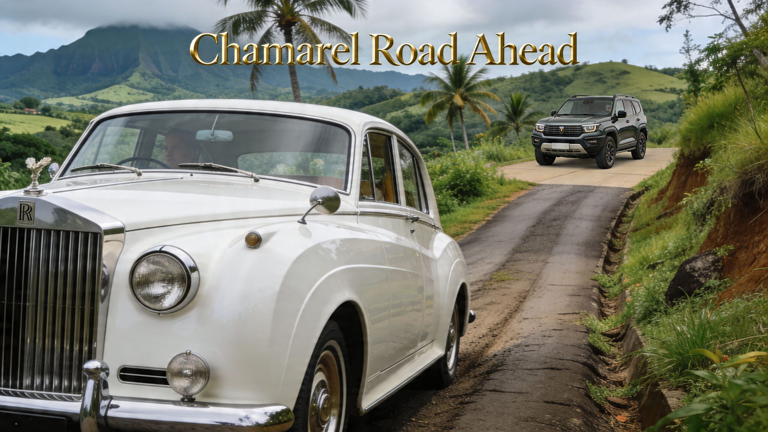 A classic white Rolls-Royce parked on a scenic road in Mauritius with a modern SUV in background.
