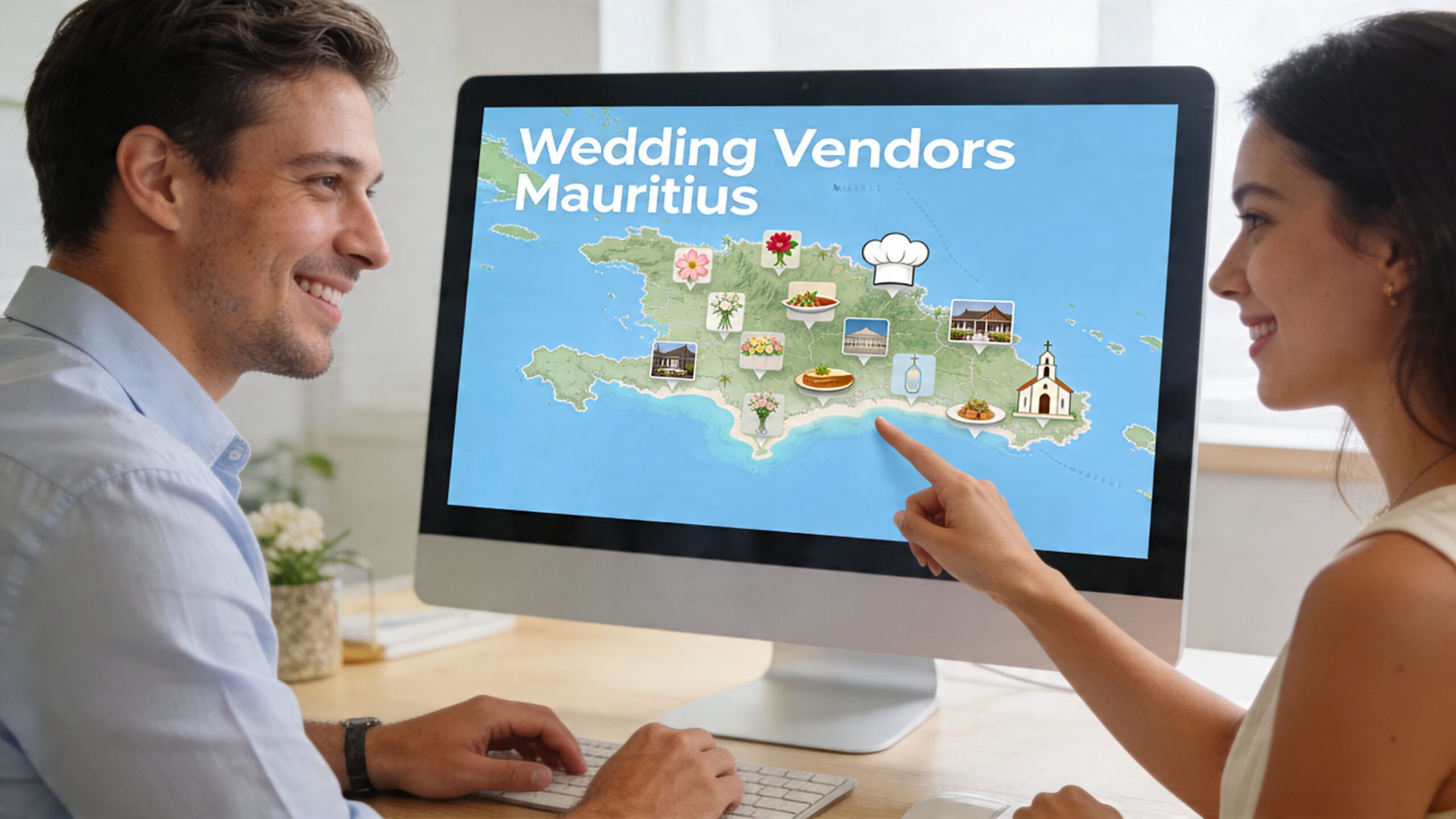 A happy couple looks at a computer screen showing wedding vendor icons on a map.