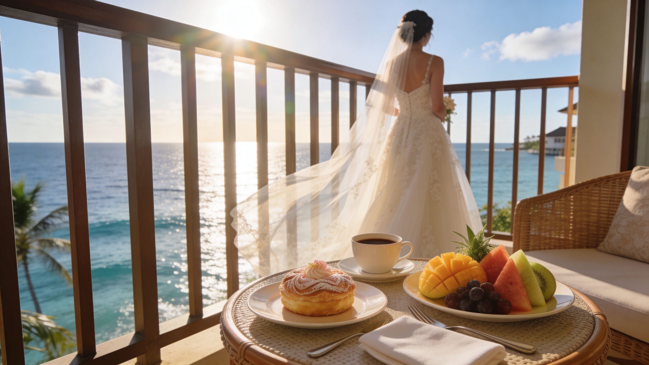 A bride in a white wedding dress stands on a sunny hotel balcony overlooking the ocean.