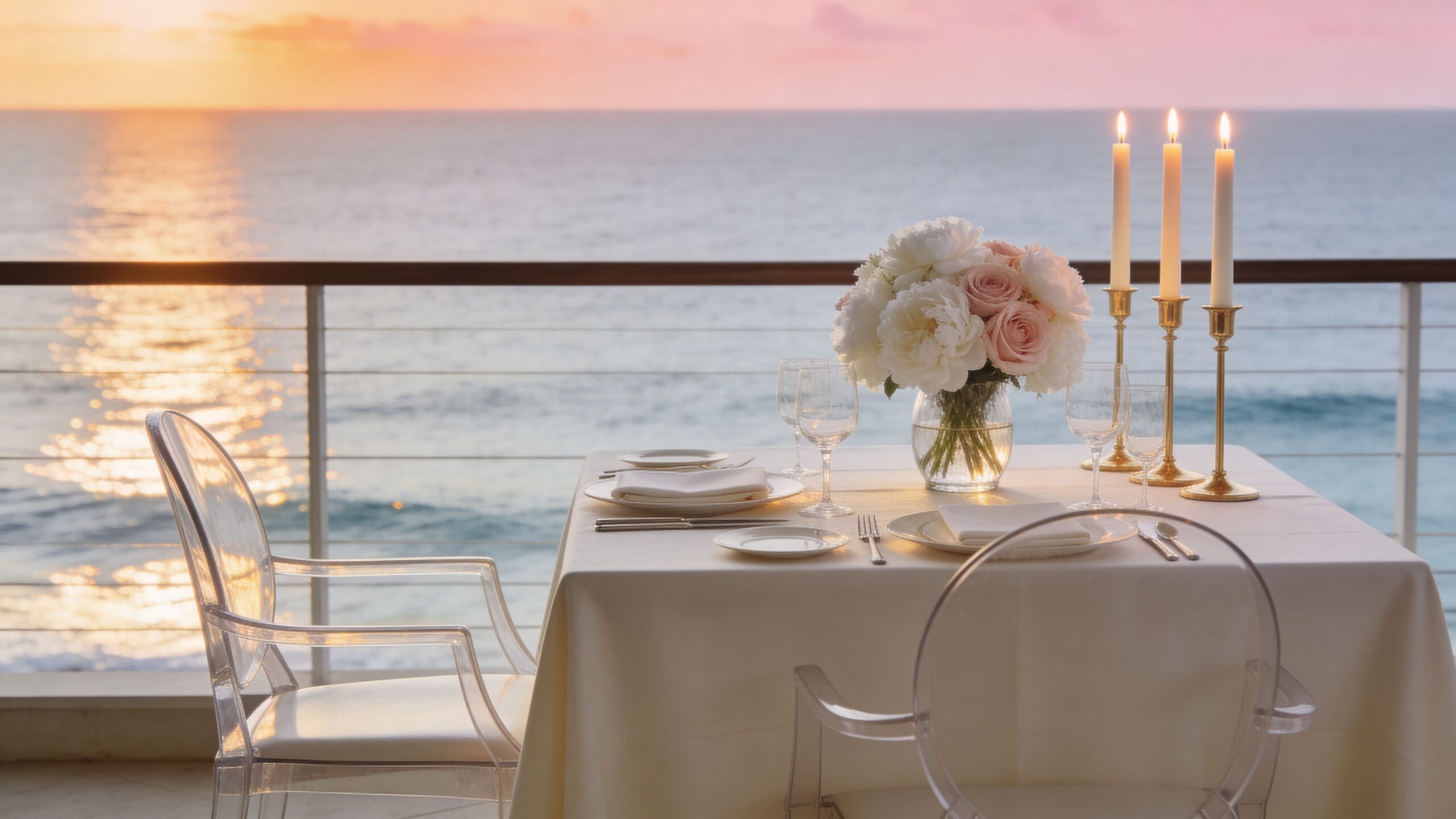 A romantic dining table for two on a balcony overlooking the sunset ocean at Royal Palm Beachcomber.