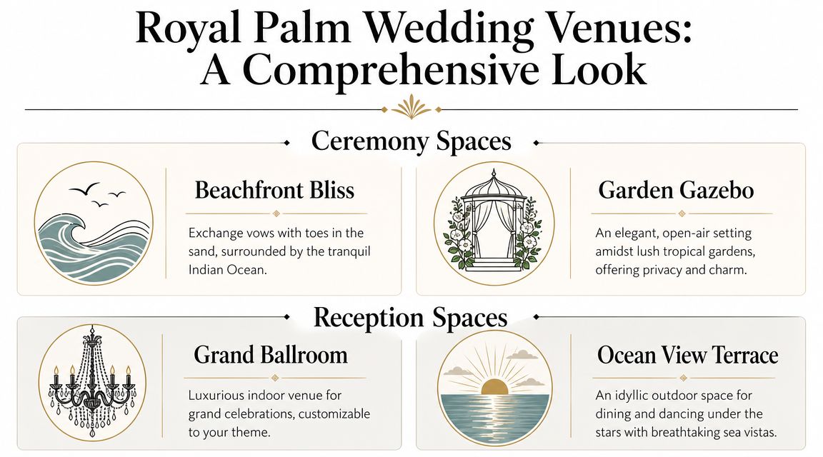 A descriptive infographic showcasing four elegant wedding venues at Royal Palm, including beach, garden, ballroom, and terrace options.
