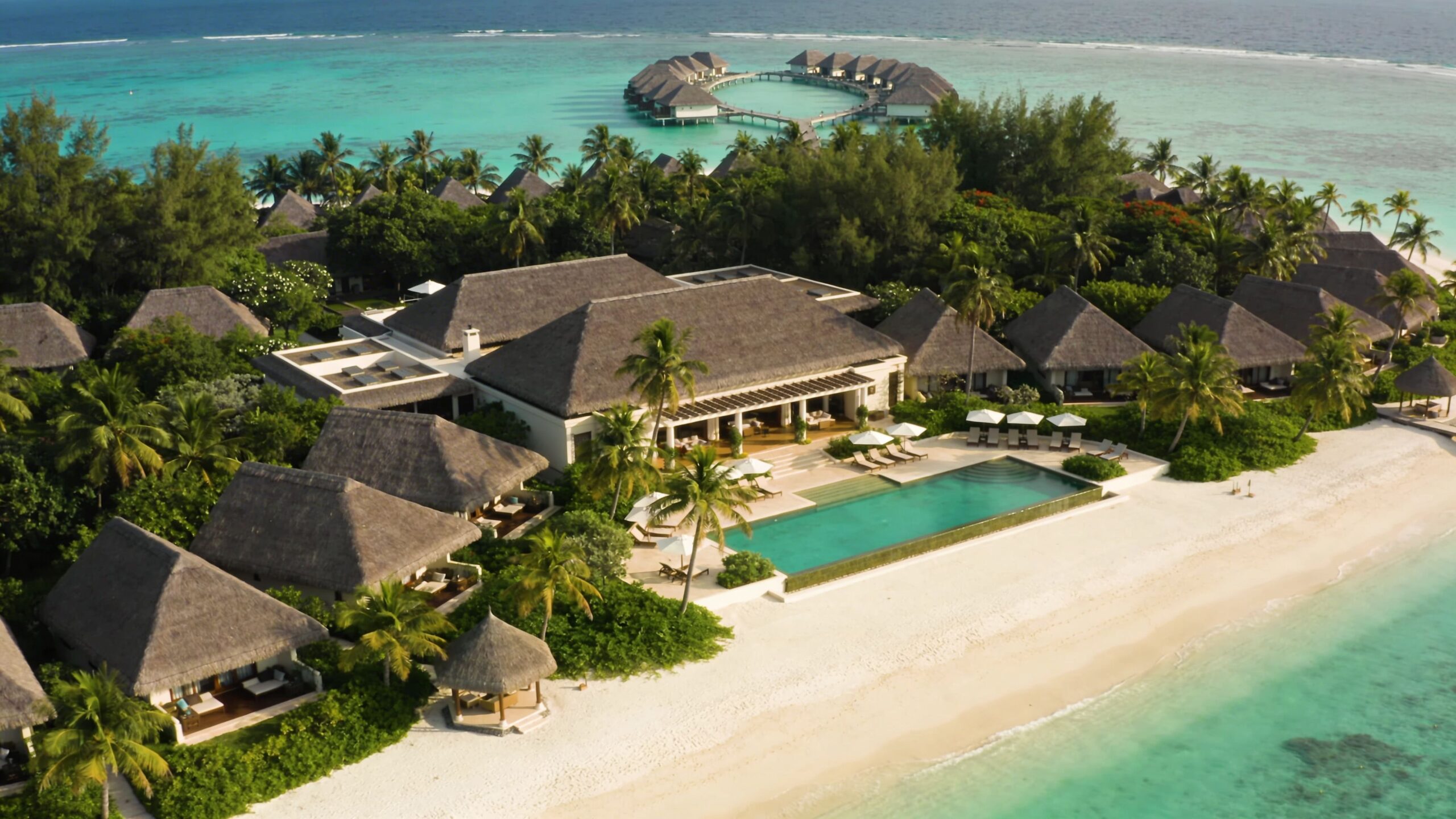 Aerial view of a luxury resort with thatched roof villas, a large swimming pool, and pristine white beaches.