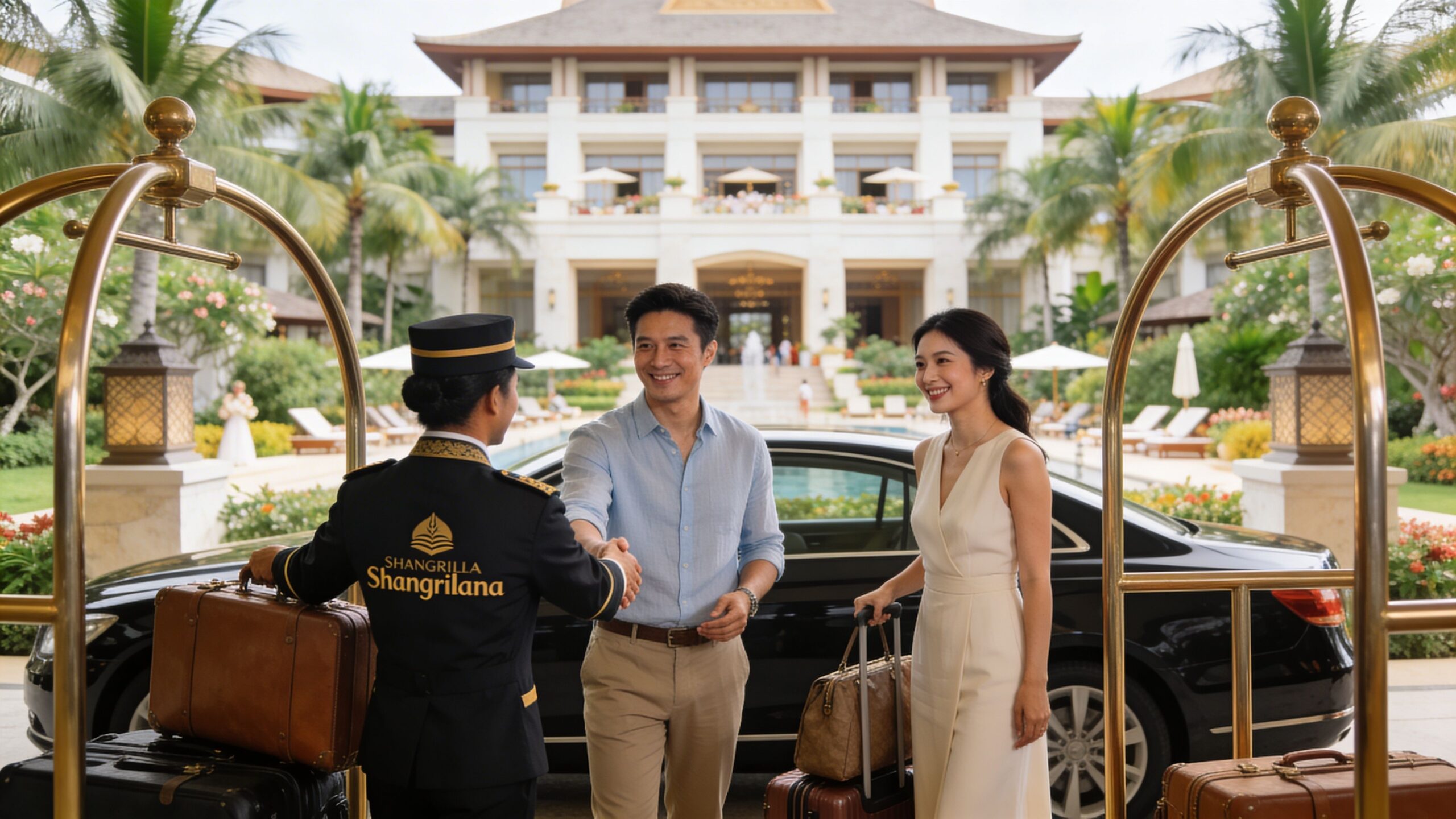 A hotel bellhop greets a couple arriving at the elegant Shangri-La resort for their vacation.