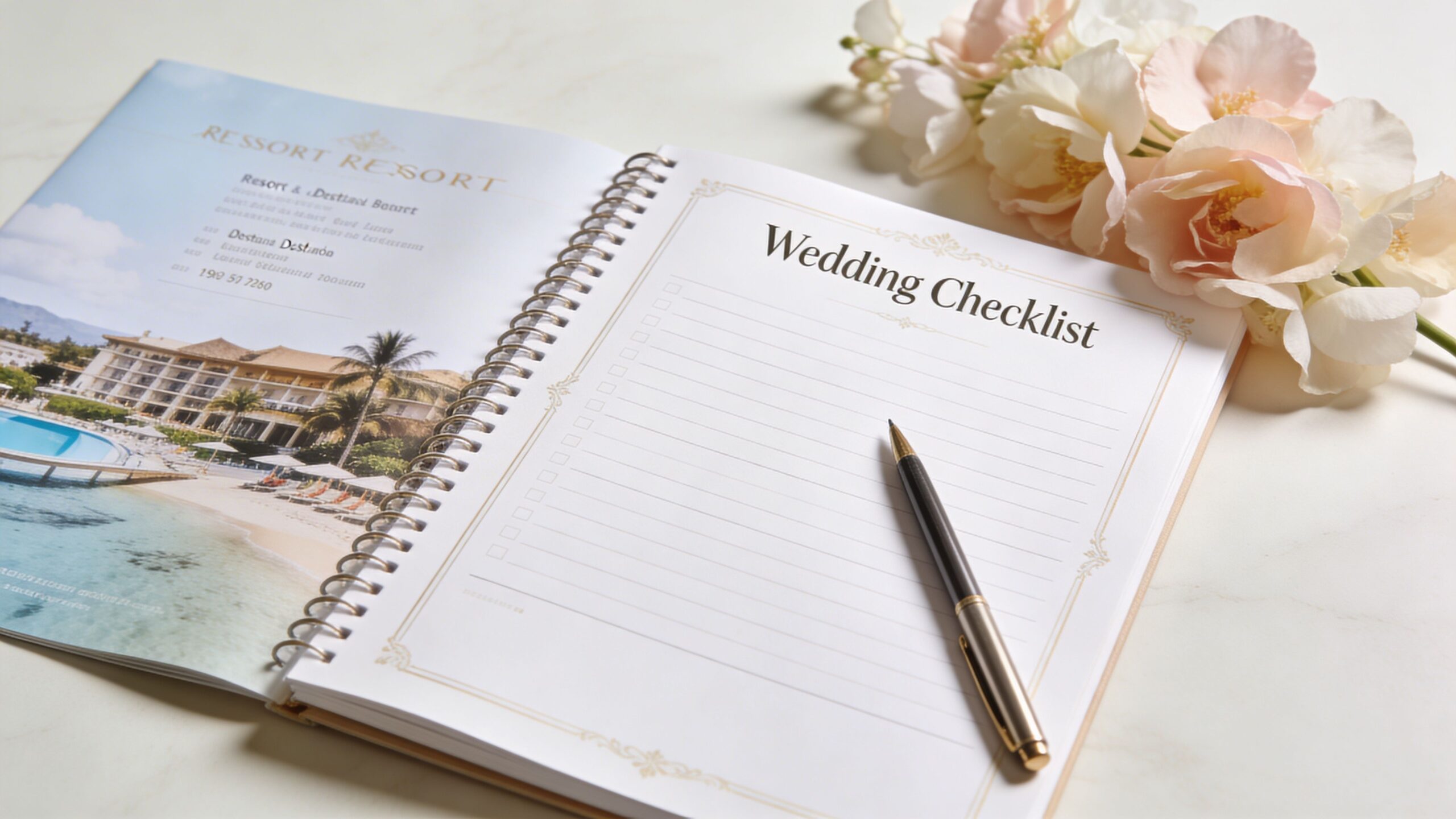 A wedding planner notebook open to a checklist page with a pen and flowers on a table.