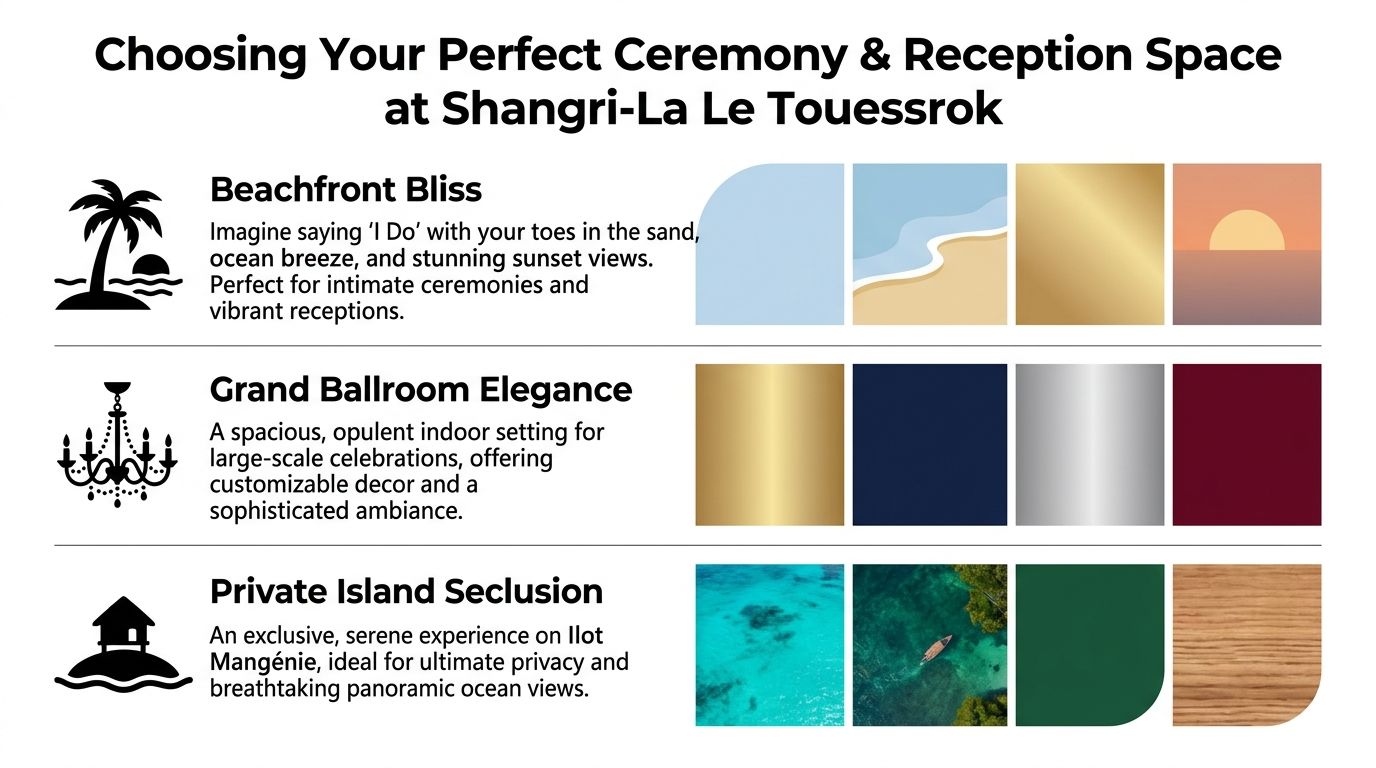 A graphic showing three wedding venue options at Shangri-La Le Touessrok with descriptions and color palette samples.