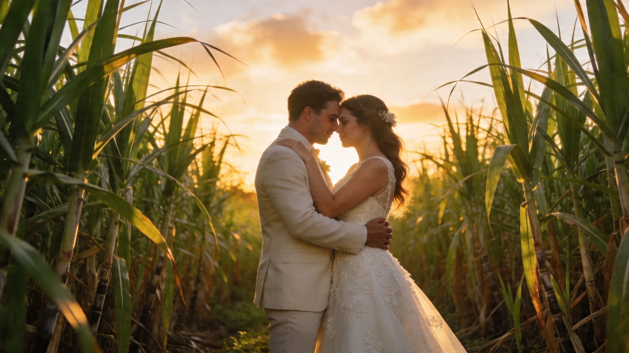 A romantic bride and groom embrace during a golden sunset within a lush tropical sugarcane field.