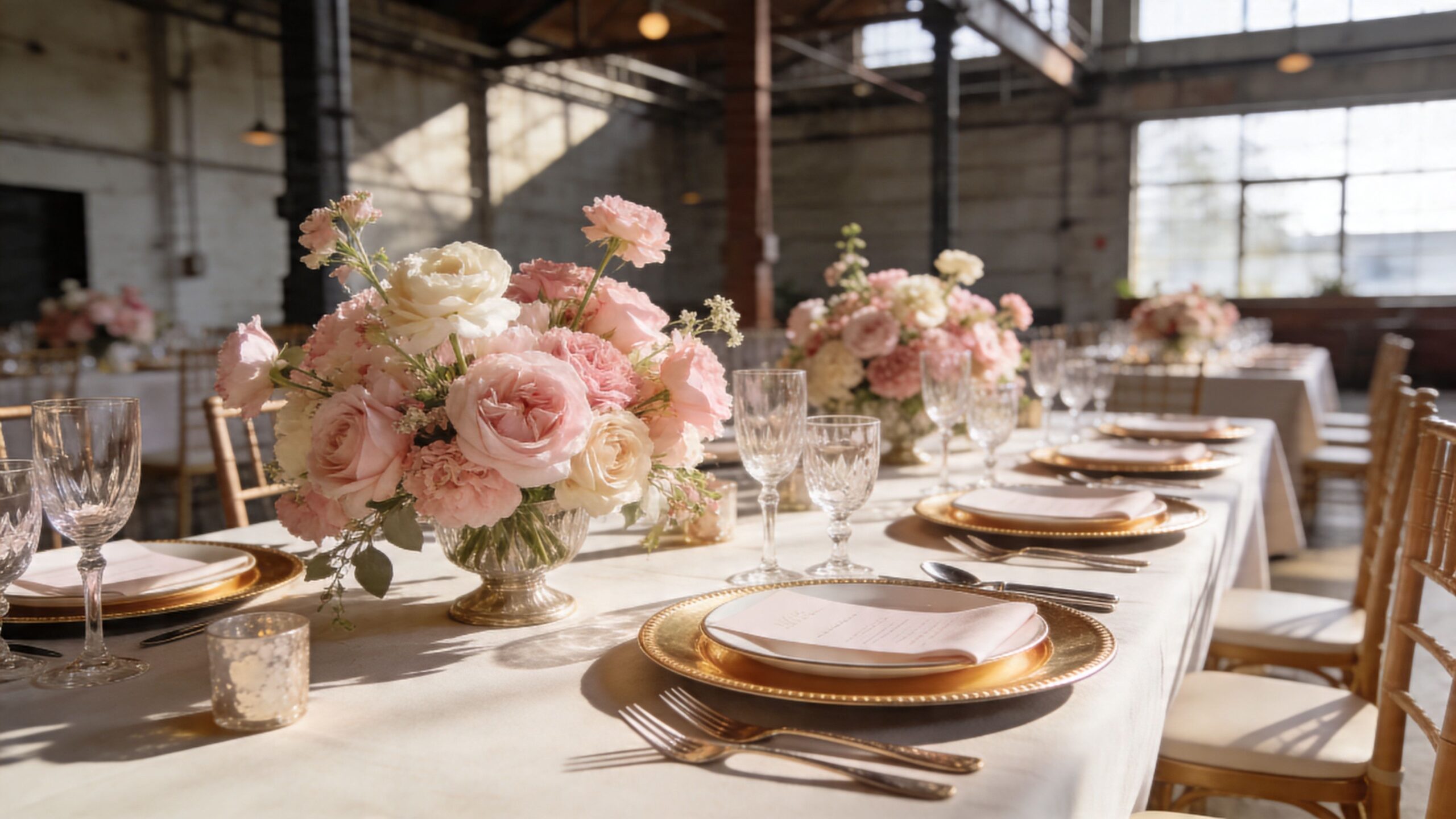 An elegant wedding dinner table setting with pink floral centerpieces, gold chargers, and crystal glassware in a bright venue.