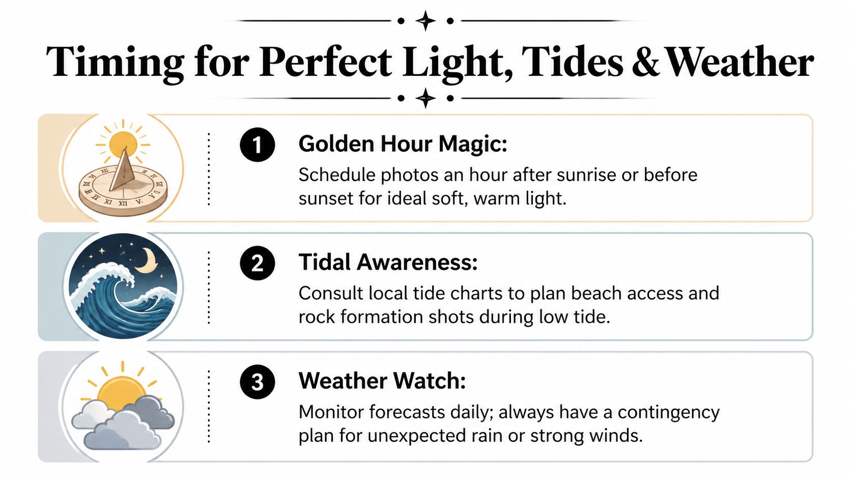 A graphic providing three professional photography tips regarding golden hour, tide charts, and monitoring weather forecasts.