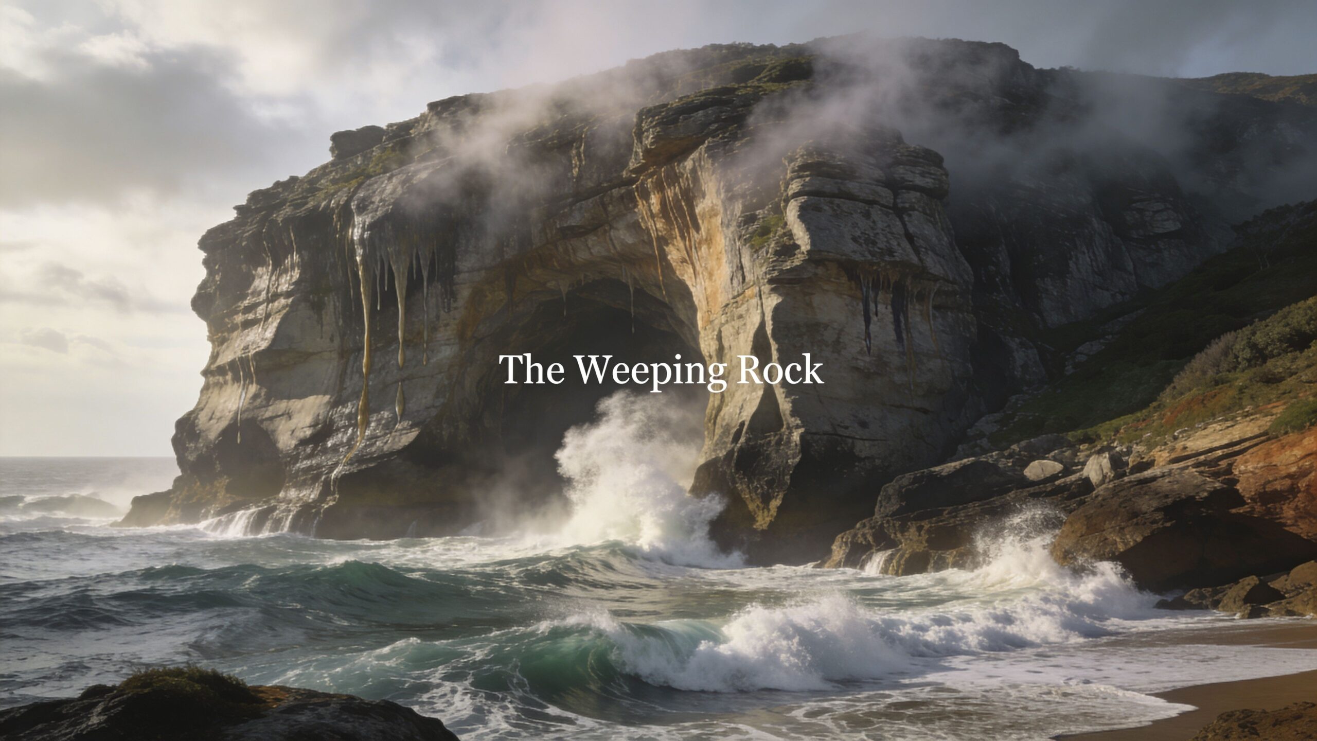 A massive sea cave formation known as The Weeping Rock with ocean waves crashing against the cliff base.