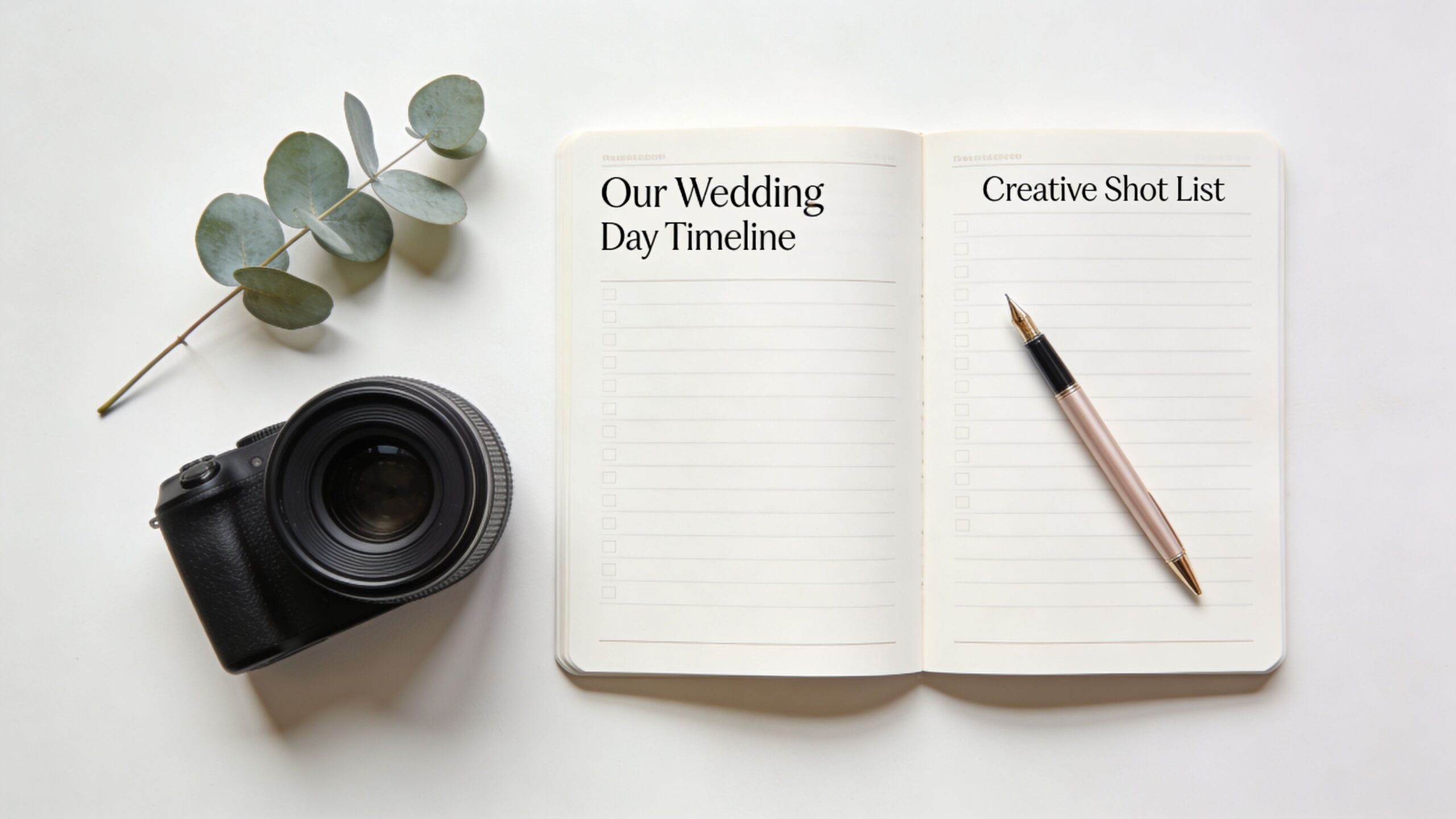 An open notebook titled Wedding Day Timeline and Creative Shot List beside a camera and eucalyptus branch.