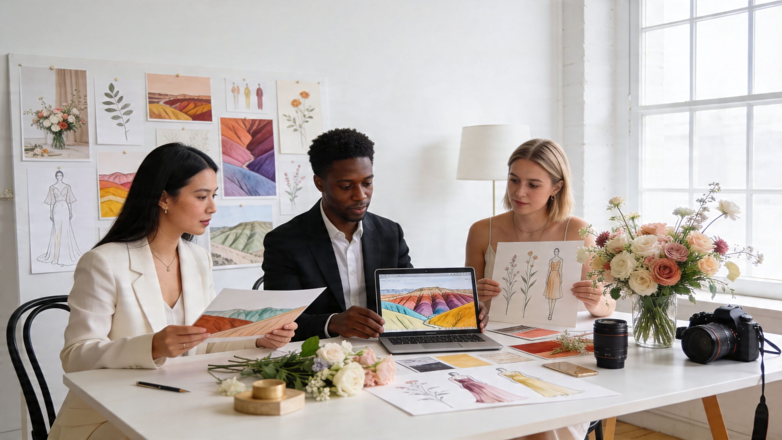 A diverse group of designers collaborate at a table with fashion sketches and landscape inspiration imagery.