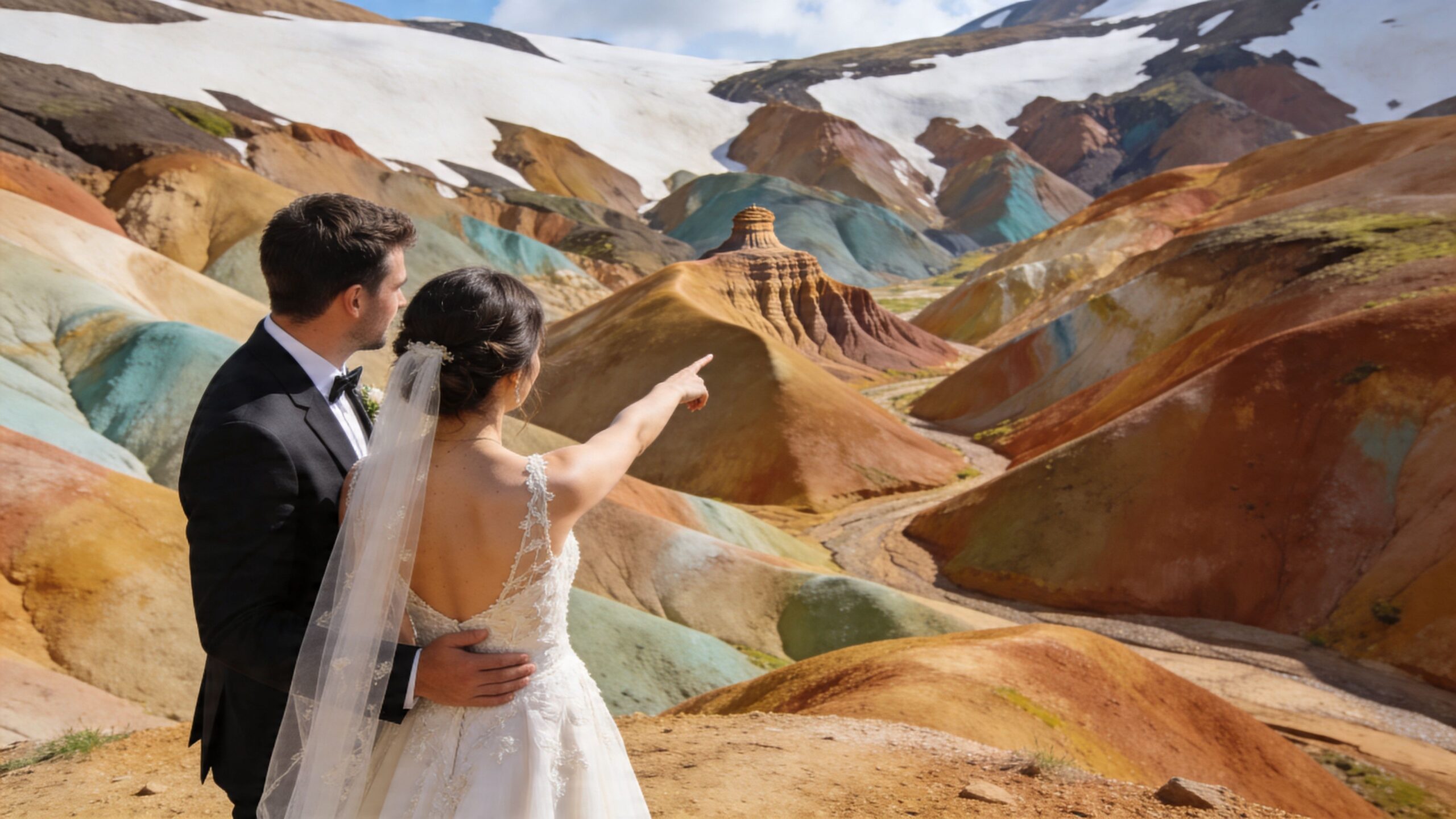 A bride and groom standing before the vibrant, multi-colored landscape of Landmannalaugar in the Icelandic highlands.