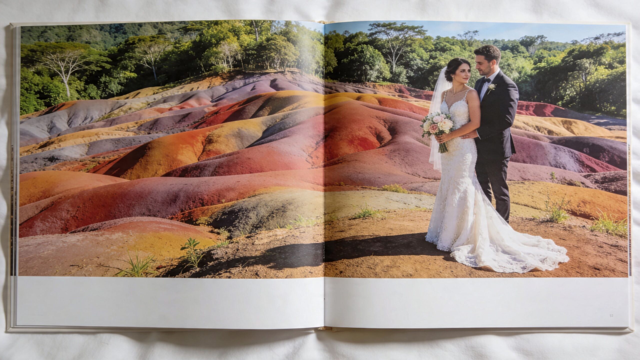 A newlywed couple poses for wedding portraits on the colorful, undulating dunes of the Chamarel Seven Colored Earth.