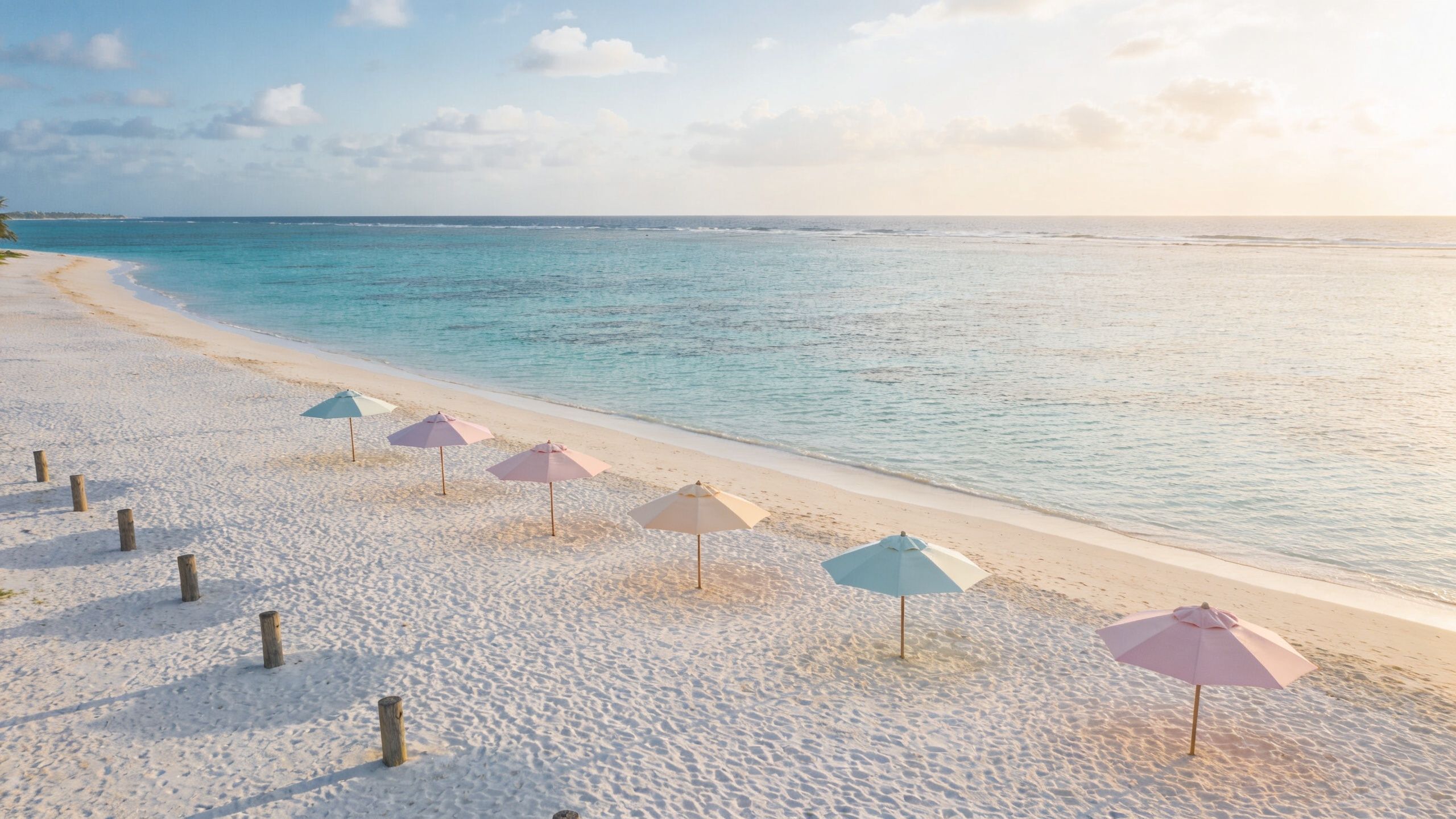 A serene tropical beach with white sand and colorful parasols overlooking the calm turquoise ocean at sunset.