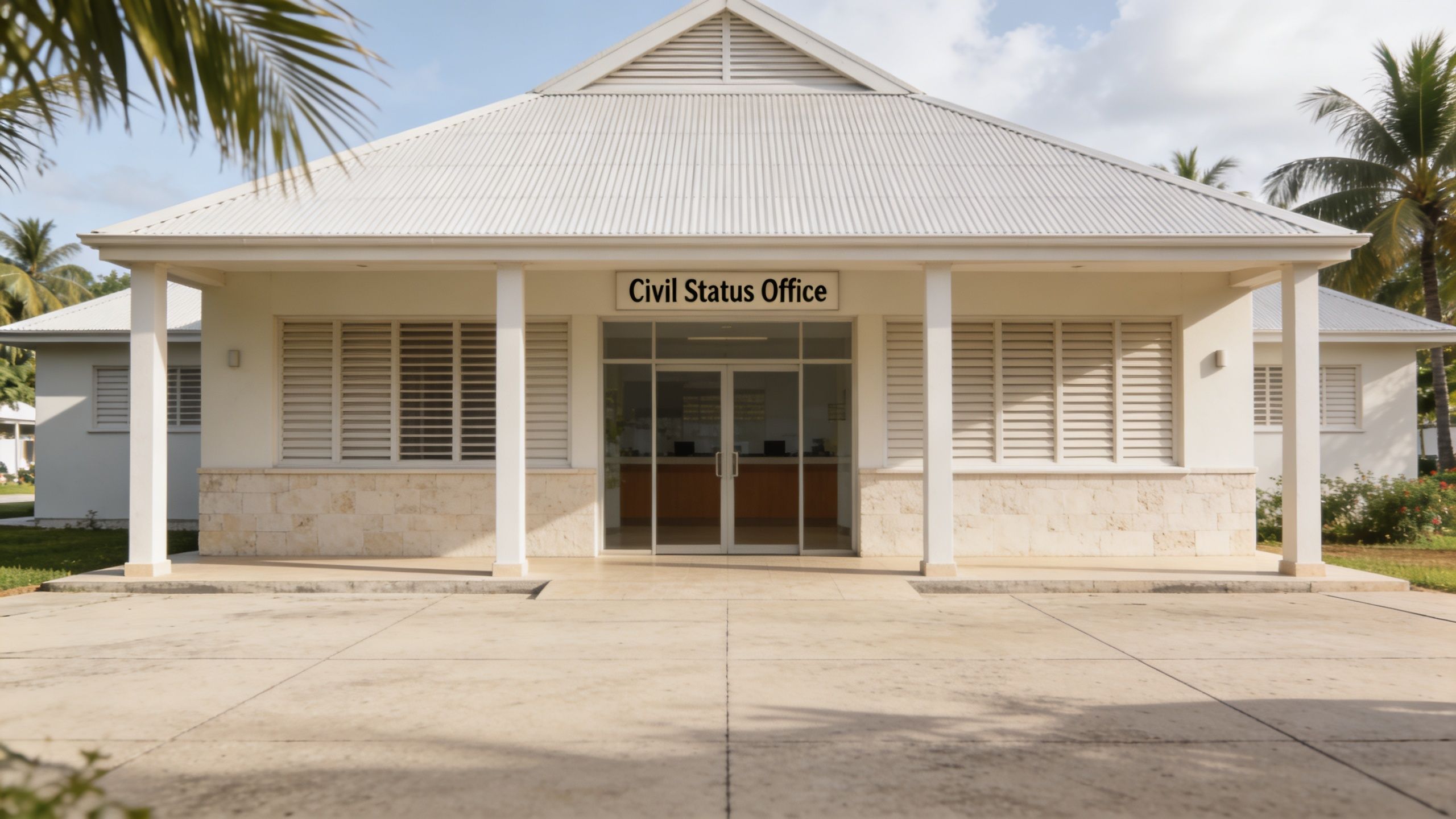 A modern, single-story Civil Status Office building with white exterior walls and a corrugated metal roof.