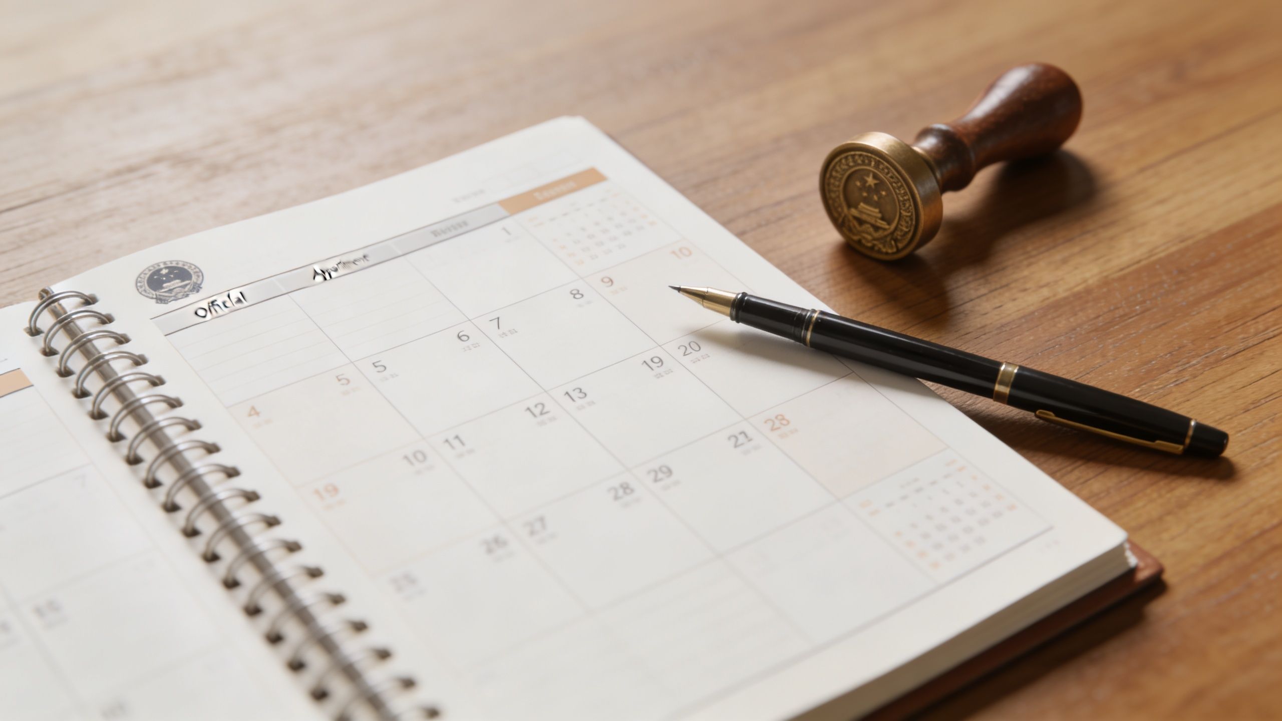 An open notebook calendar with a fountain pen and a vintage seal on a wooden desk.