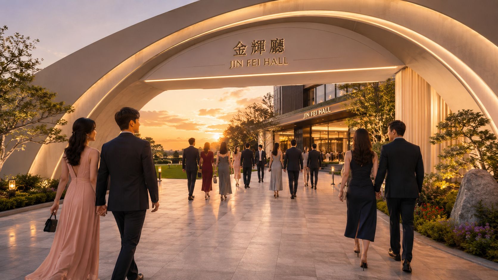People in formal evening attire walking towards the entrance of Jin Fei Hall at sunset.