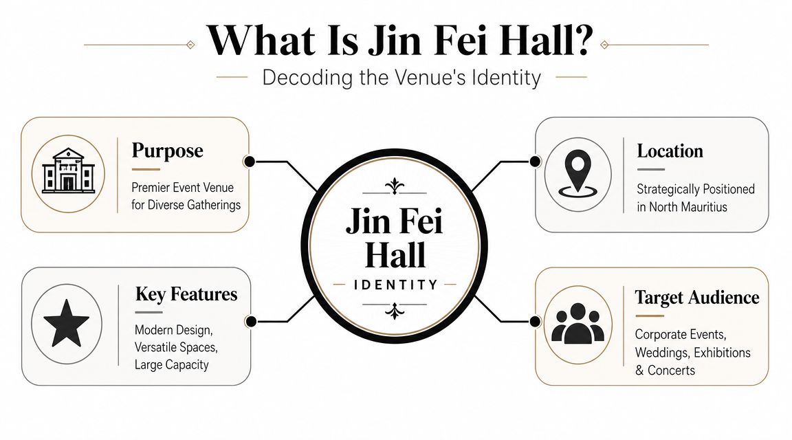 An infographic titled What Is Jin Fei Hall detailing the venue's purpose, location, features, and target audience.